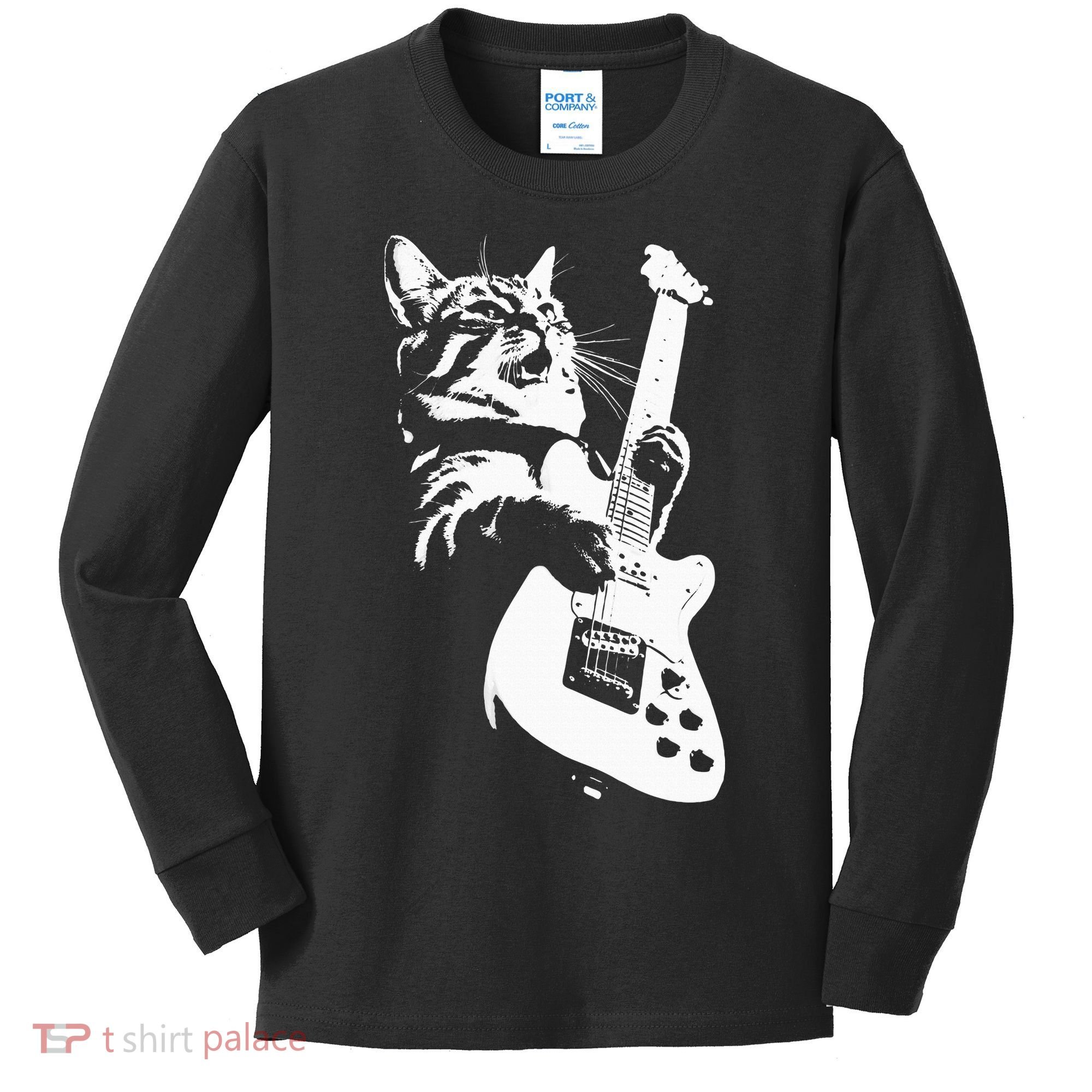 Rock Cat Playing Guitar Funny Guitar Cat Kids Long Sleeve Shirt