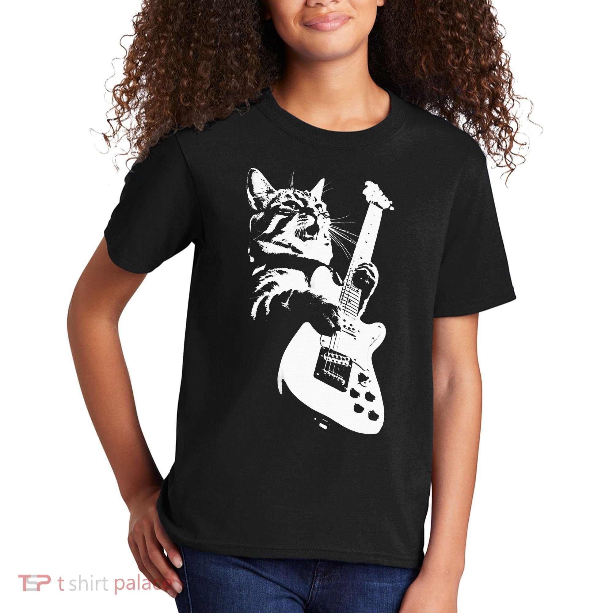 Rock Cat Playing Guitar Funny Guitar Cat Kids T-Shirt