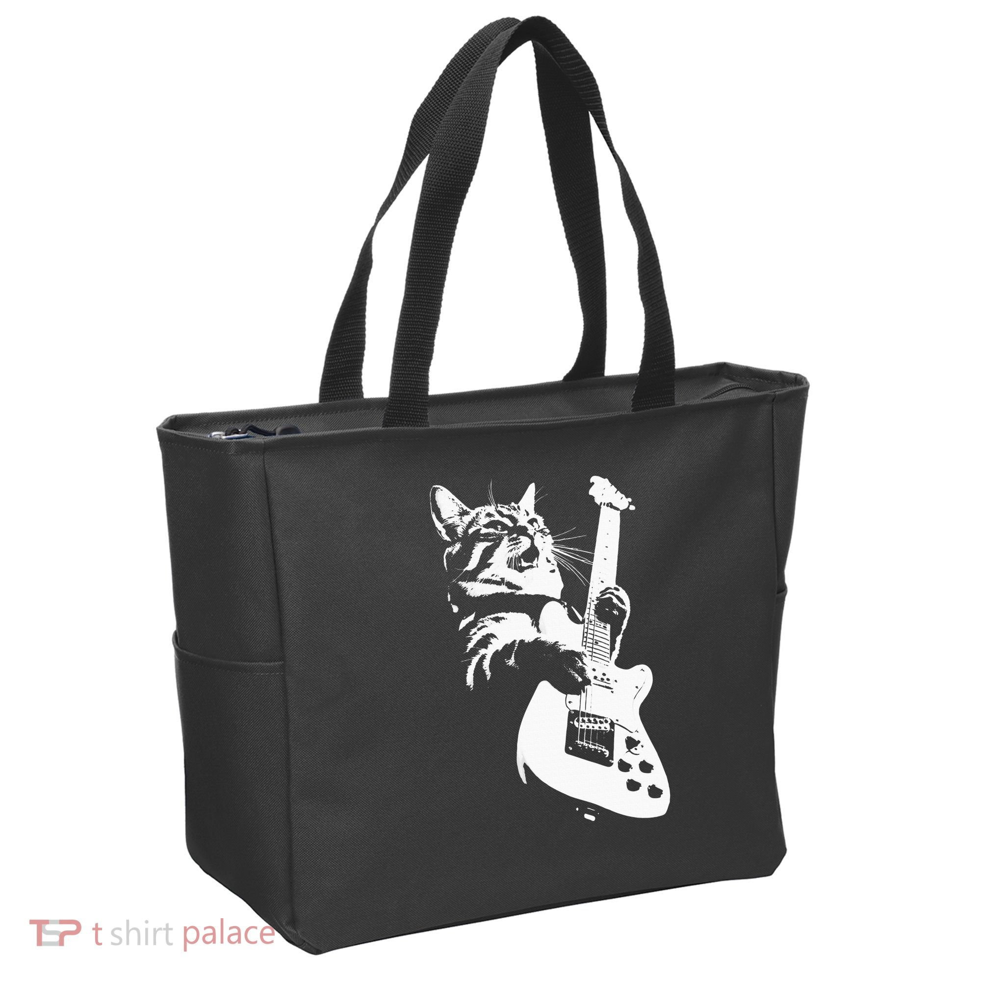 Rock Cat Playing Guitar Funny Guitar Cat Tote Bag