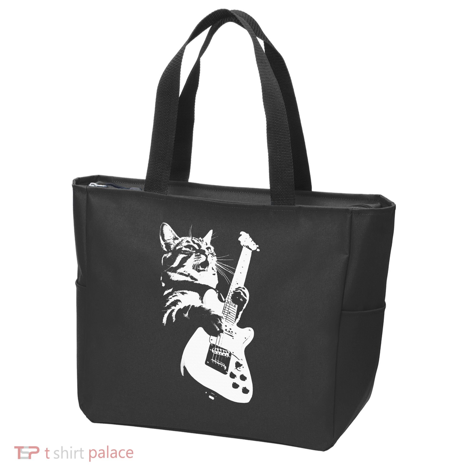 Rock Cat Playing Guitar Funny Guitar Cat Tote Bag