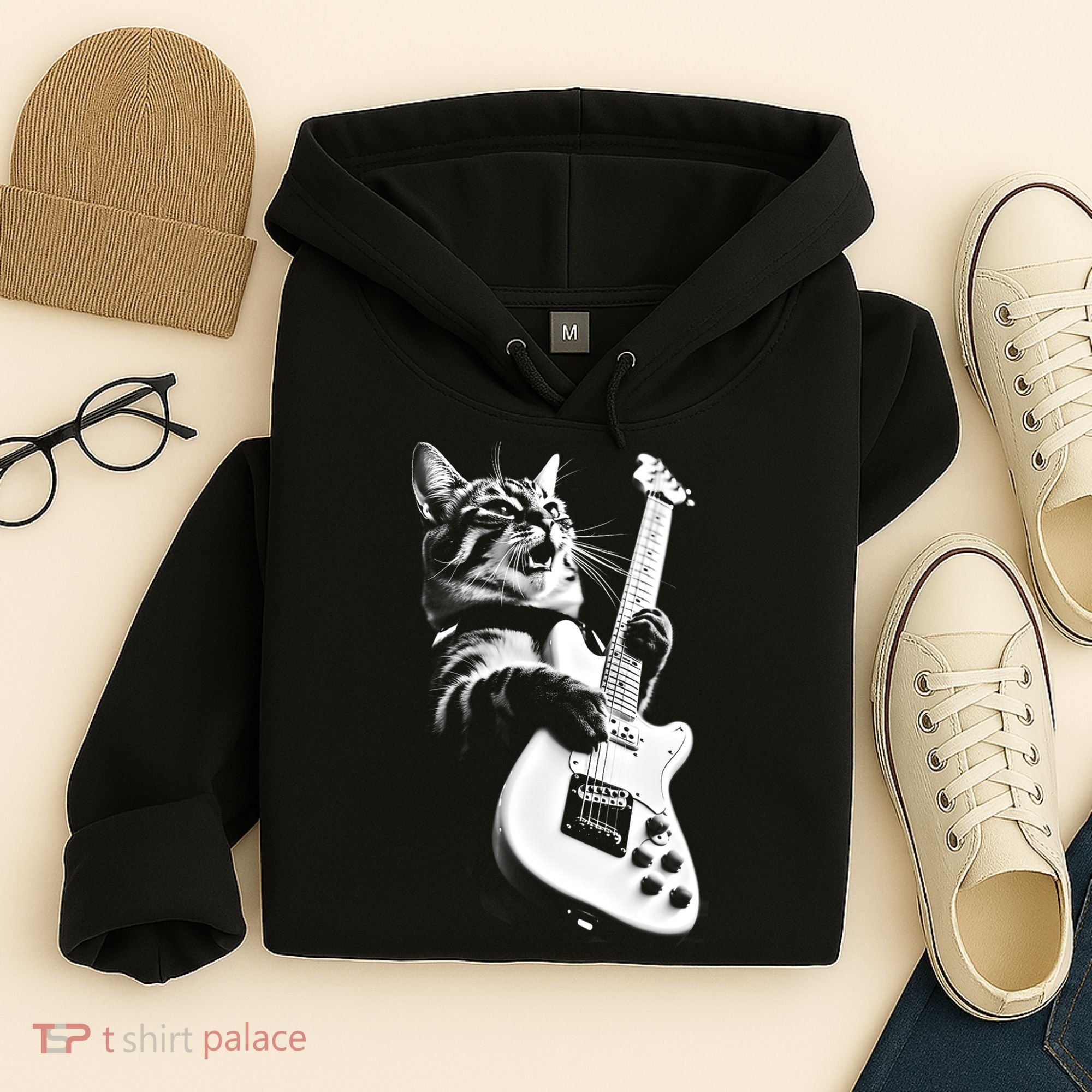 Rock Cat Playing Guitar Funny Guitar Cat Hoodie
