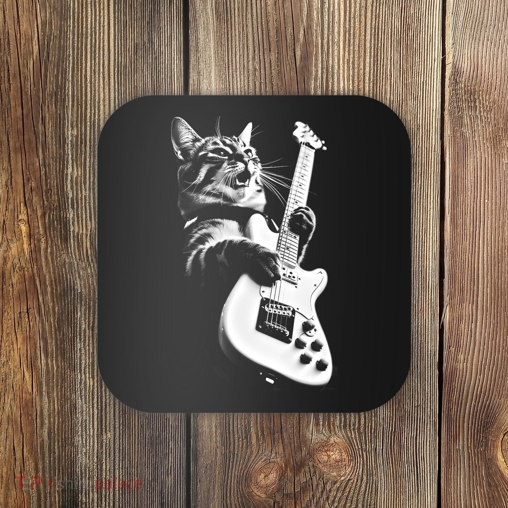 Rock Cat Playing Guitar Funny Guitar Cat Coaster