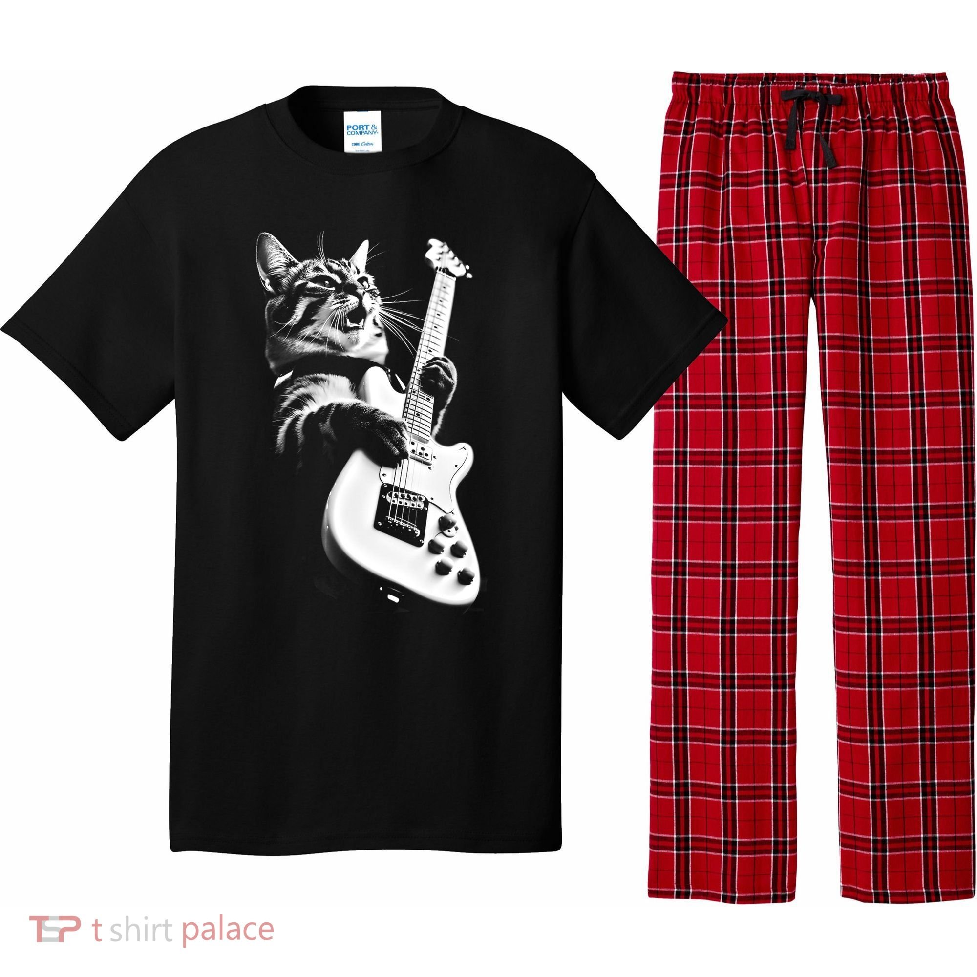 Rock Cat Playing Guitar Funny Guitar Cat Pajama Set