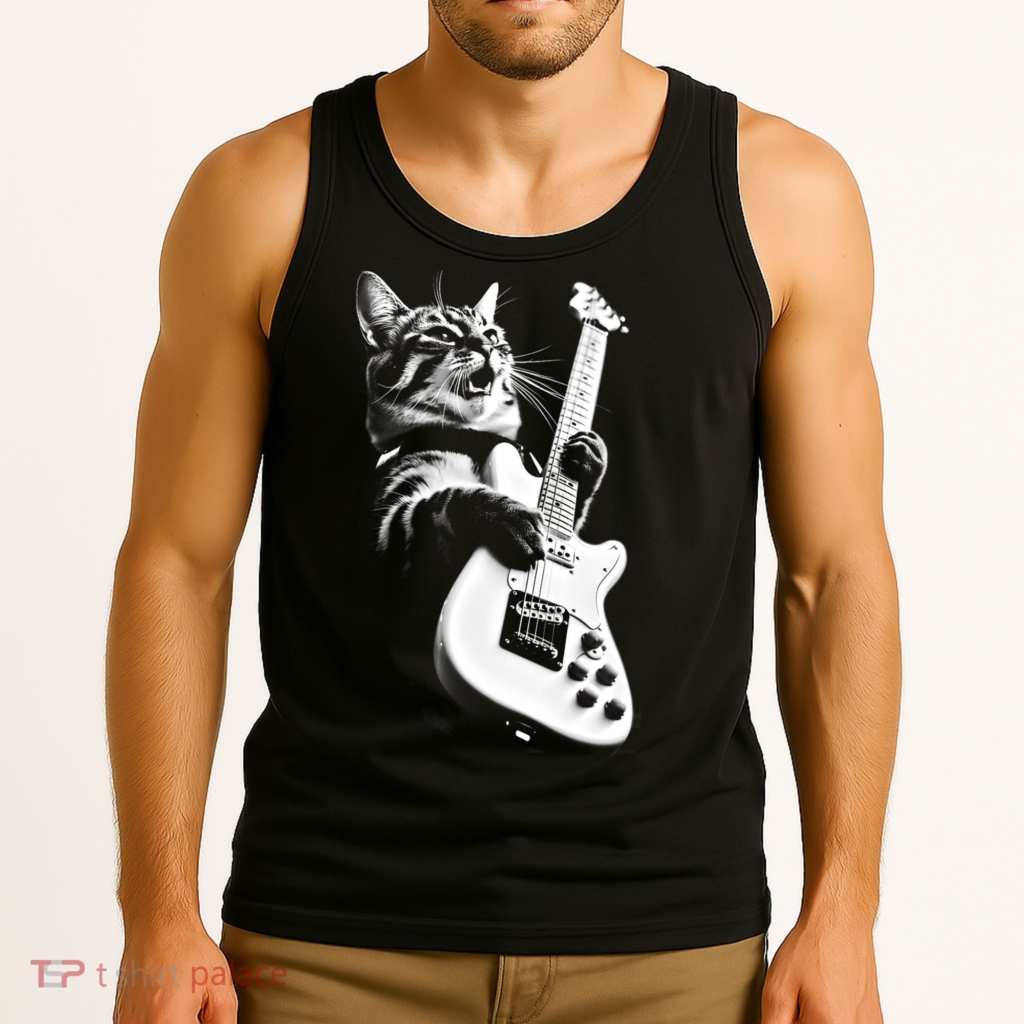 Rock Cat Playing Guitar Funny Guitar Cat Tank Top