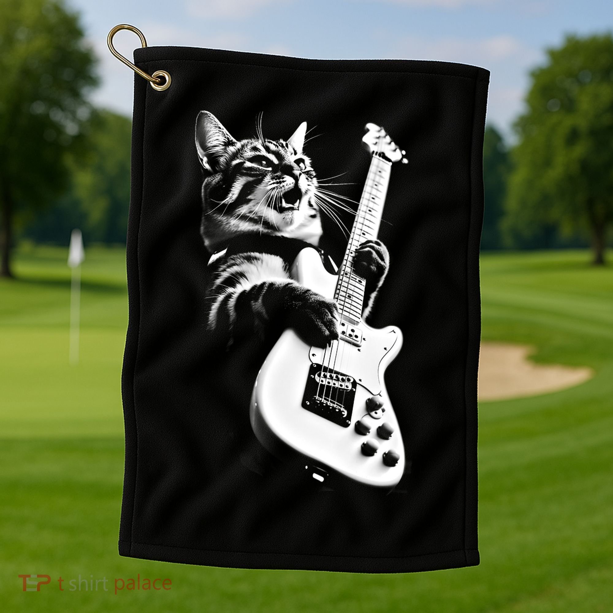Rock Cat Playing Guitar Funny Guitar Cat Golf Towel