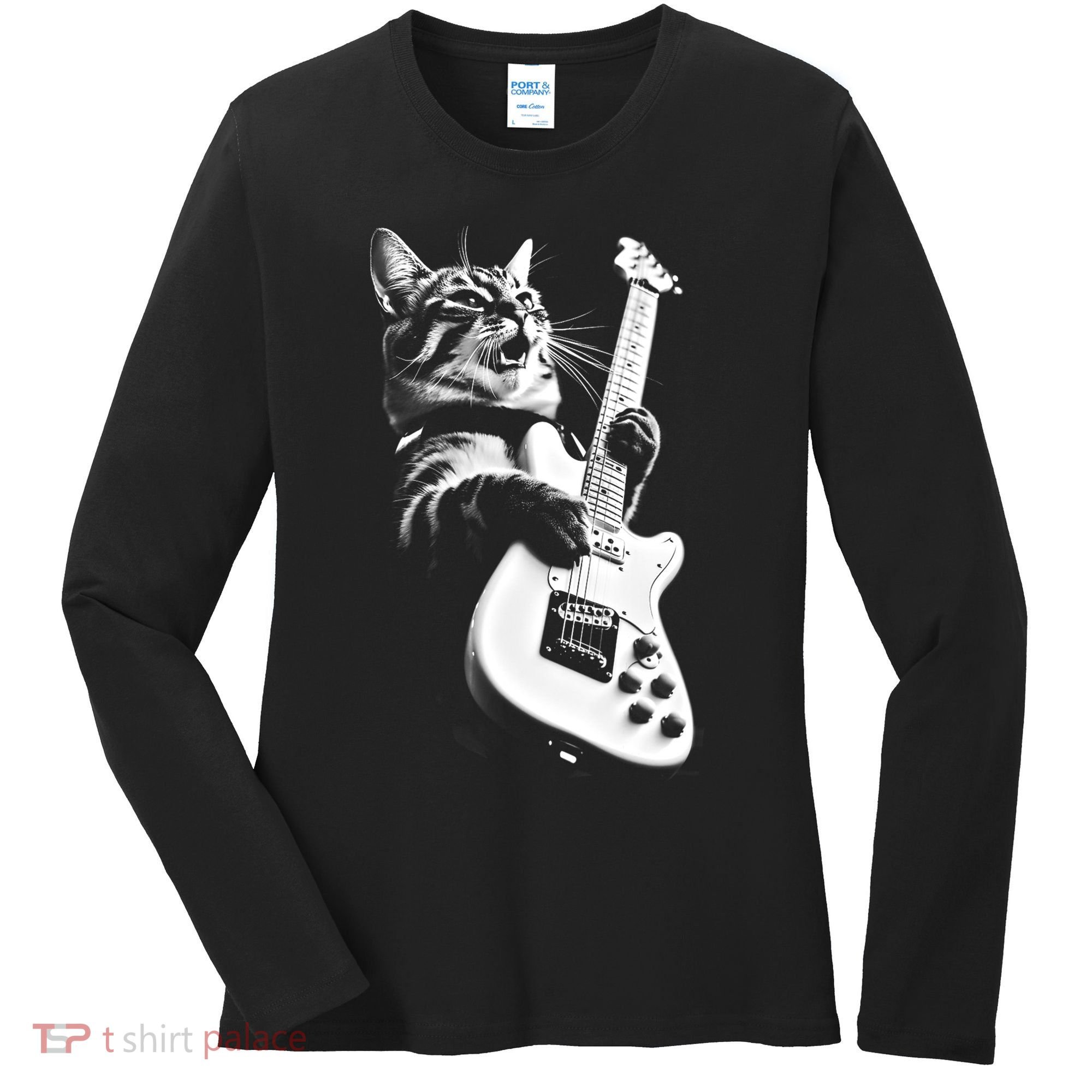 Rock Cat Playing Guitar Funny Guitar Cat Women's Long Sleeve Shirt