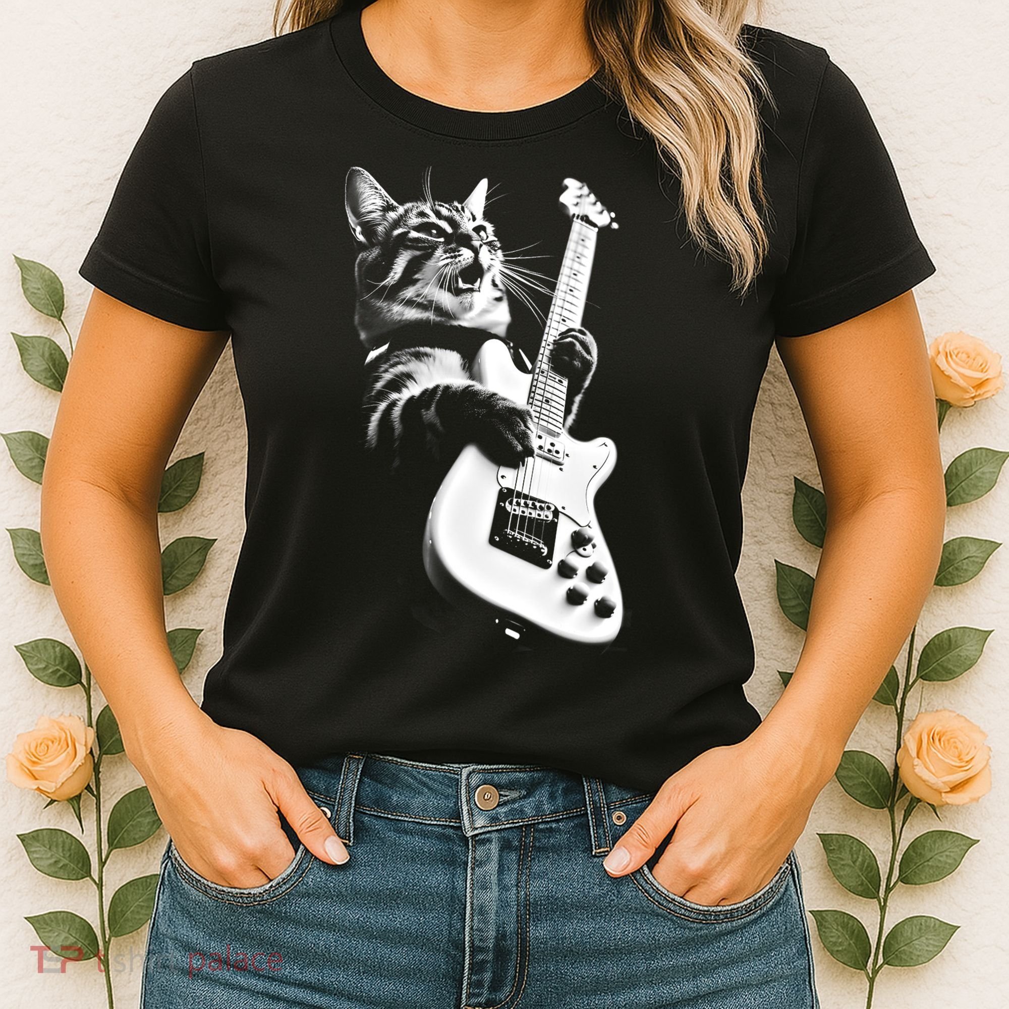 Rock Cat Playing Guitar Funny Guitar Cat Women's T-Shirt