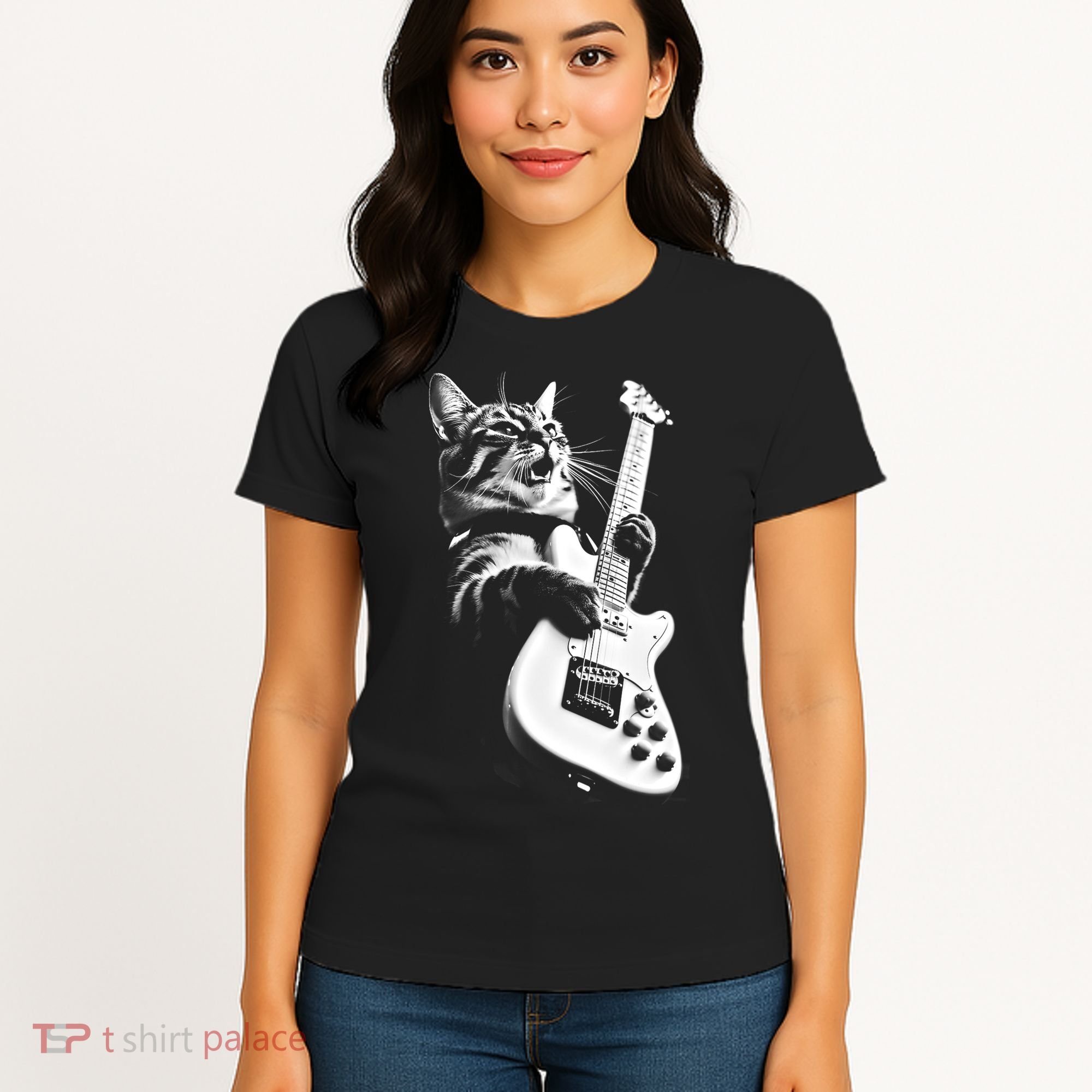 Rock Cat Playing Guitar Funny Guitar Cat Women's T-Shirt