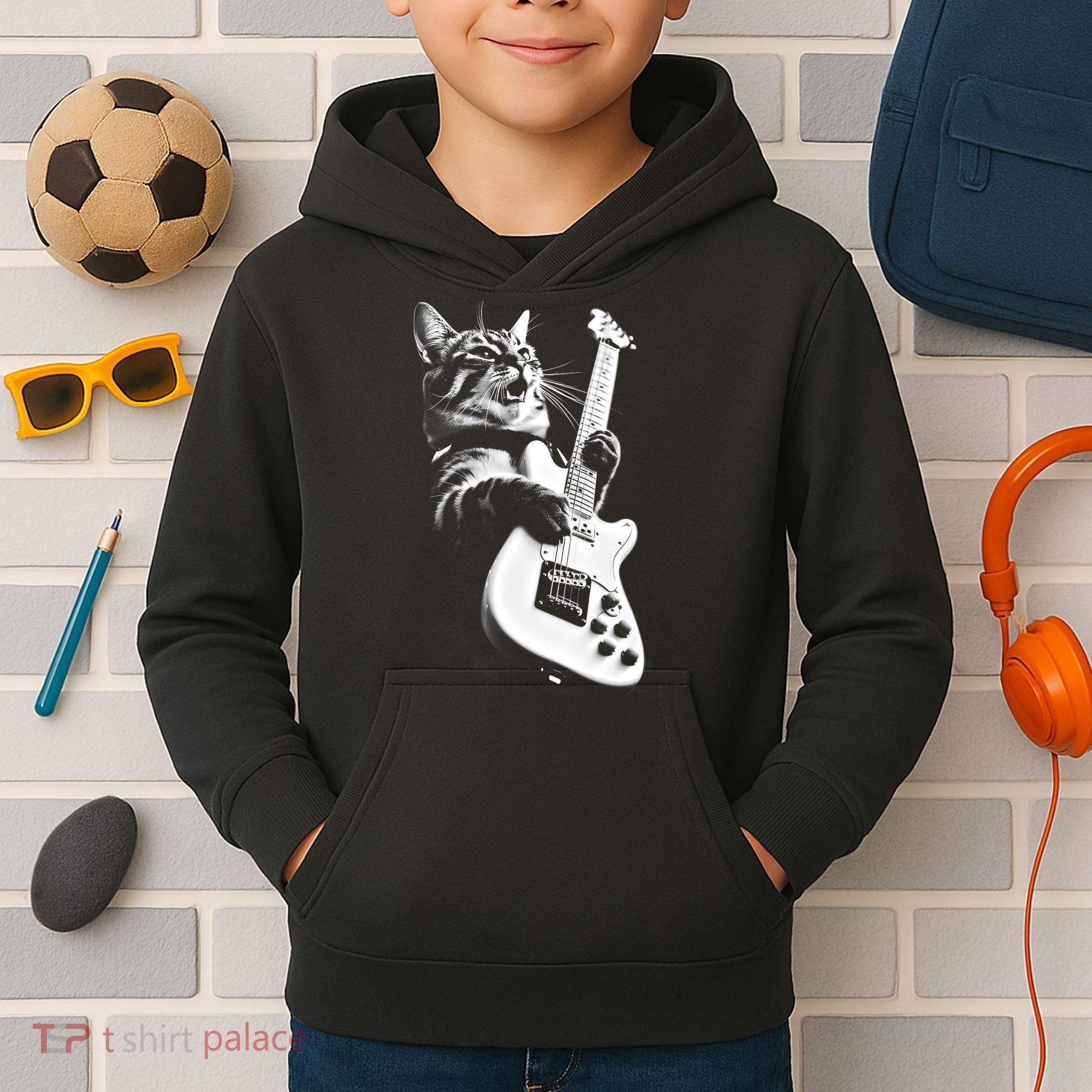 Rock Cat Playing Guitar Funny Guitar Cat Kids Hoodie