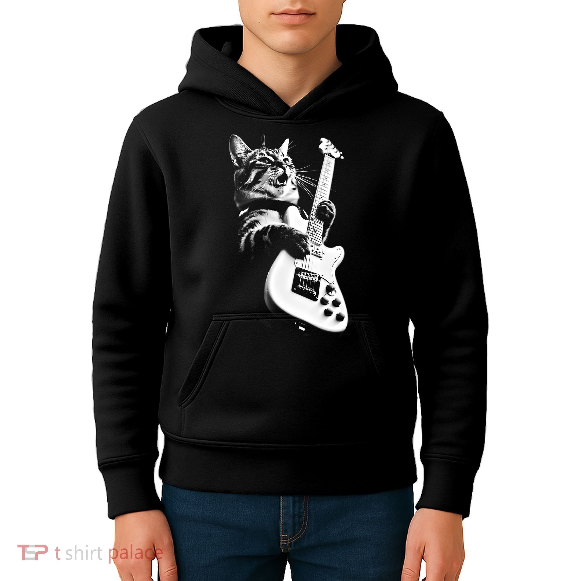 Rock Cat Playing Guitar Funny Guitar Cat Kids Hoodie