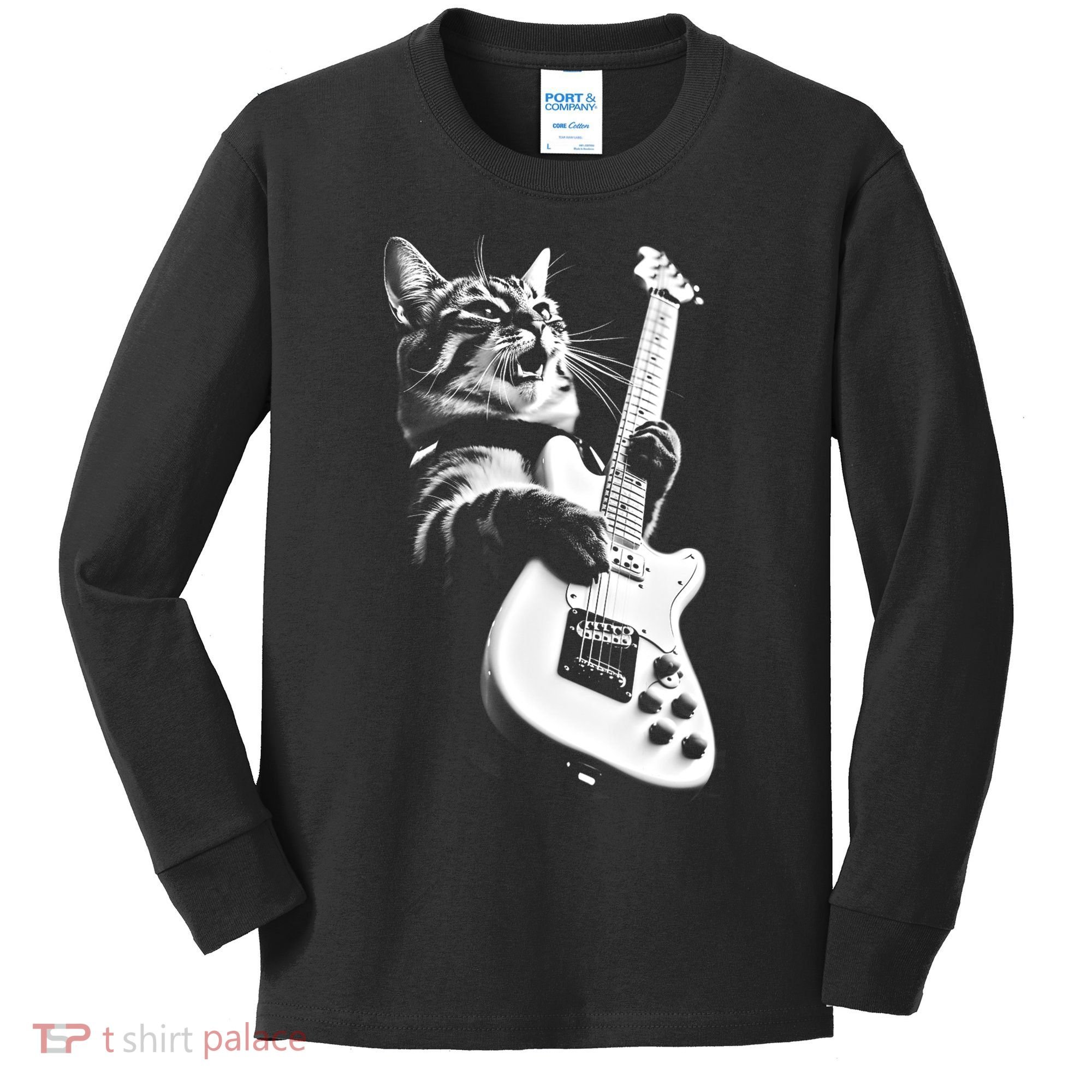 Rock Cat Playing Guitar Funny Guitar Cat Kids Long Sleeve Shirt