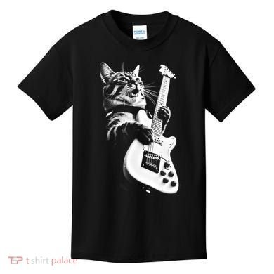 Rock Cat Playing Guitar Funny Guitar Cat Kids T-Shirt