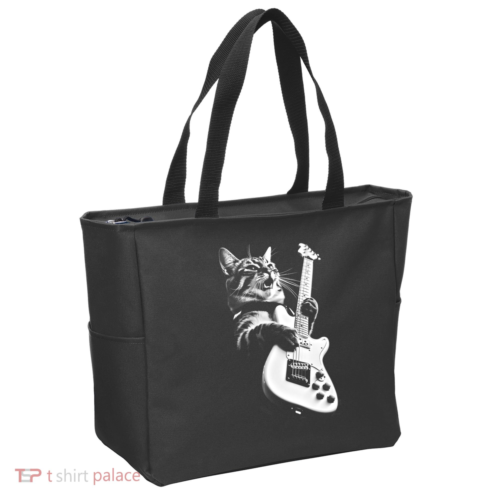 Rock Cat Playing Guitar Funny Guitar Cat Tote Bag