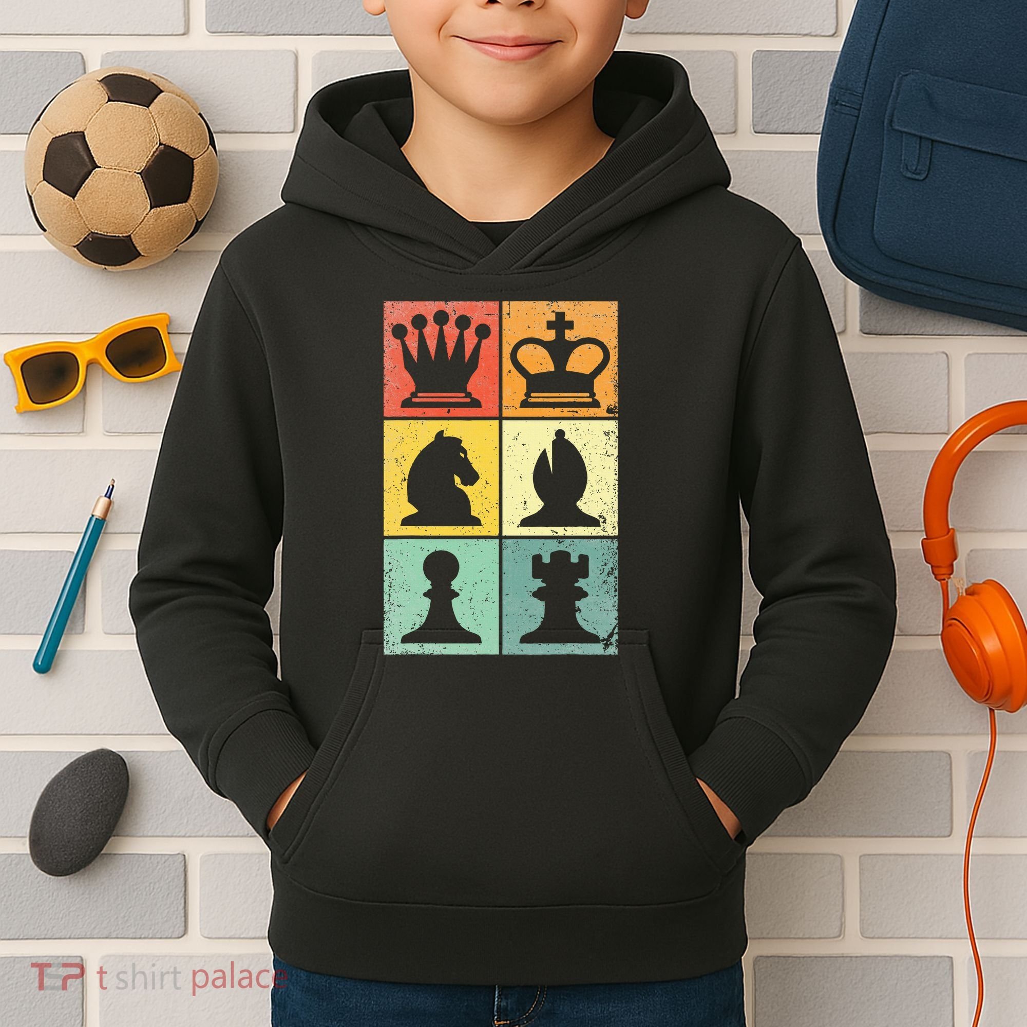 Retro Chess Player Chess Pieces Kids Hoodie
