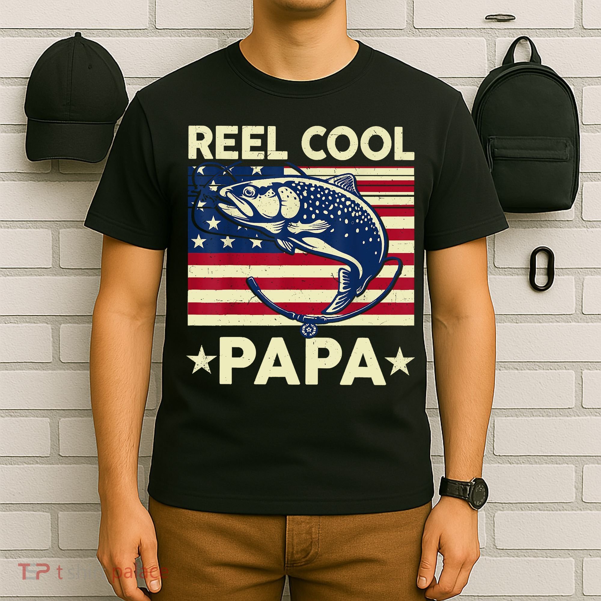 Reel Cool Papa Fathers Day Trout Fishing Gift Dad Grandpa T-Shirt