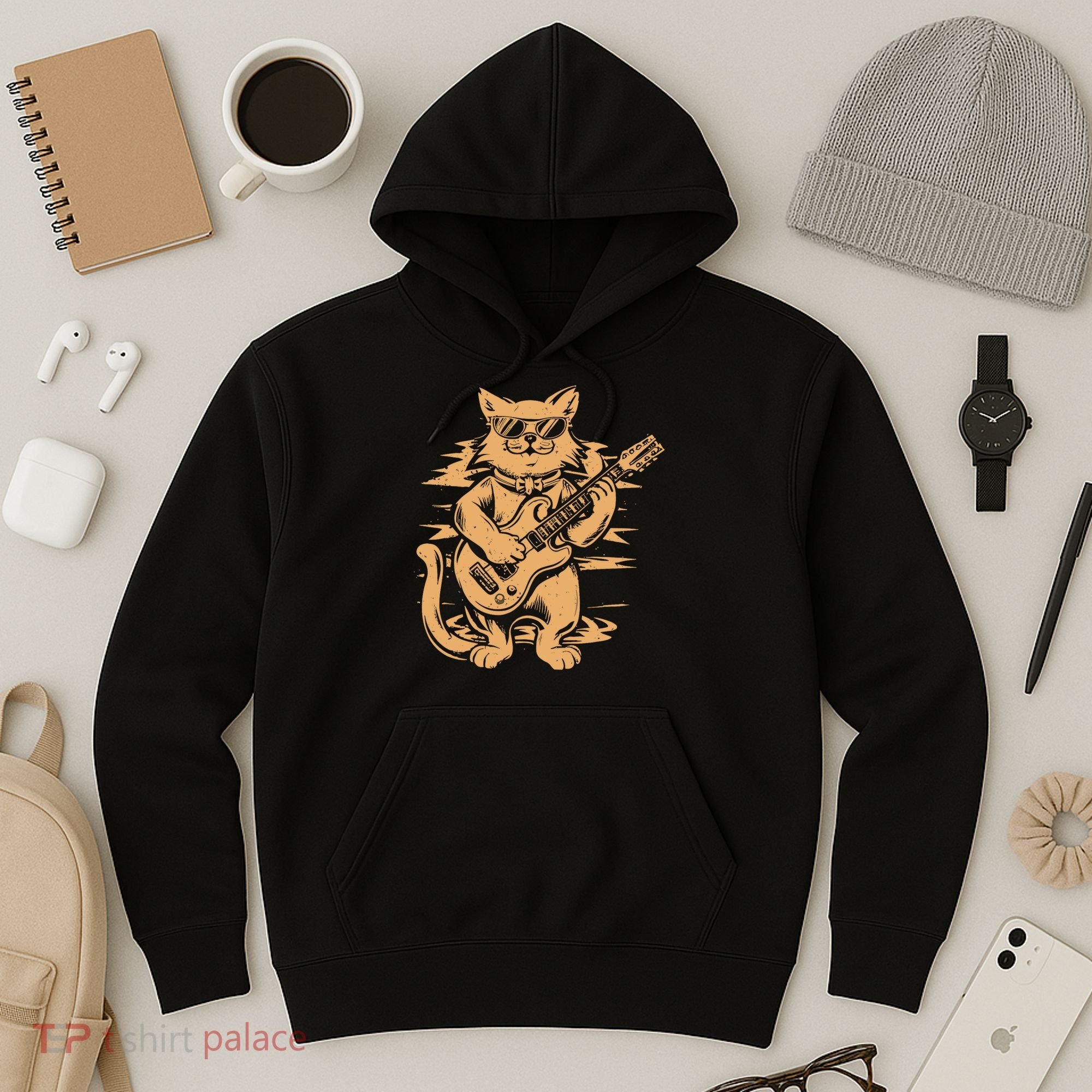 Rock Cat Playing Guitar Rock Kitty Funny Guitar Cat Hoodie