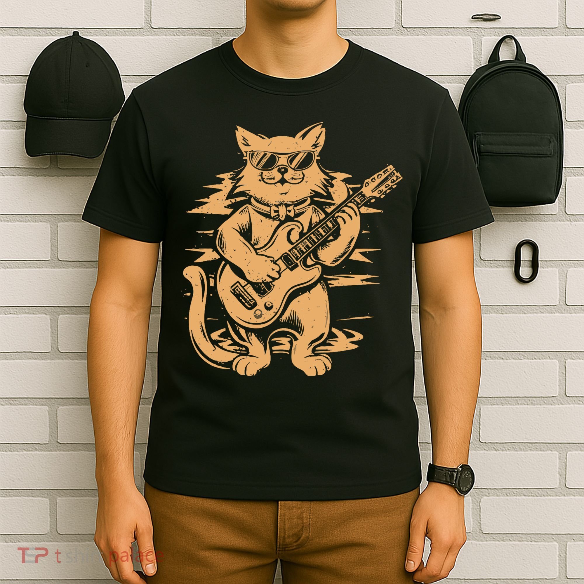 Rock Cat Playing Guitar Rock Kitty Funny Guitar Cat T-Shirt