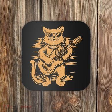 Rock Cat Playing Guitar Rock Kitty Funny Guitar Cat Coaster