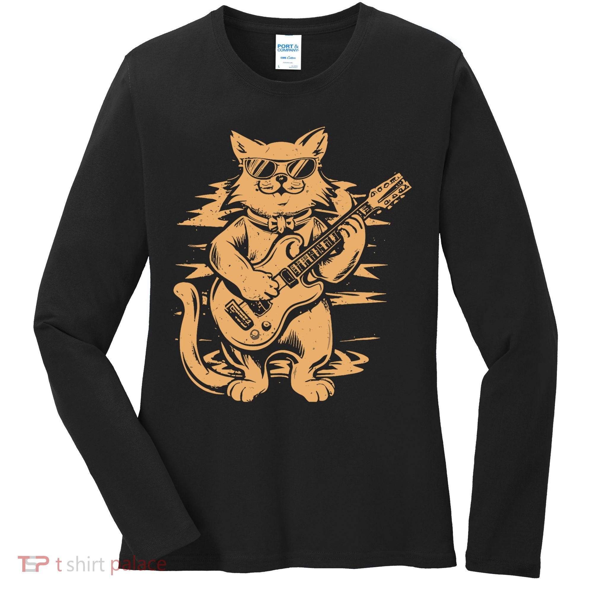Rock Cat Playing Guitar Rock Kitty Funny Guitar Cat Women's Long Sleeve Shirt