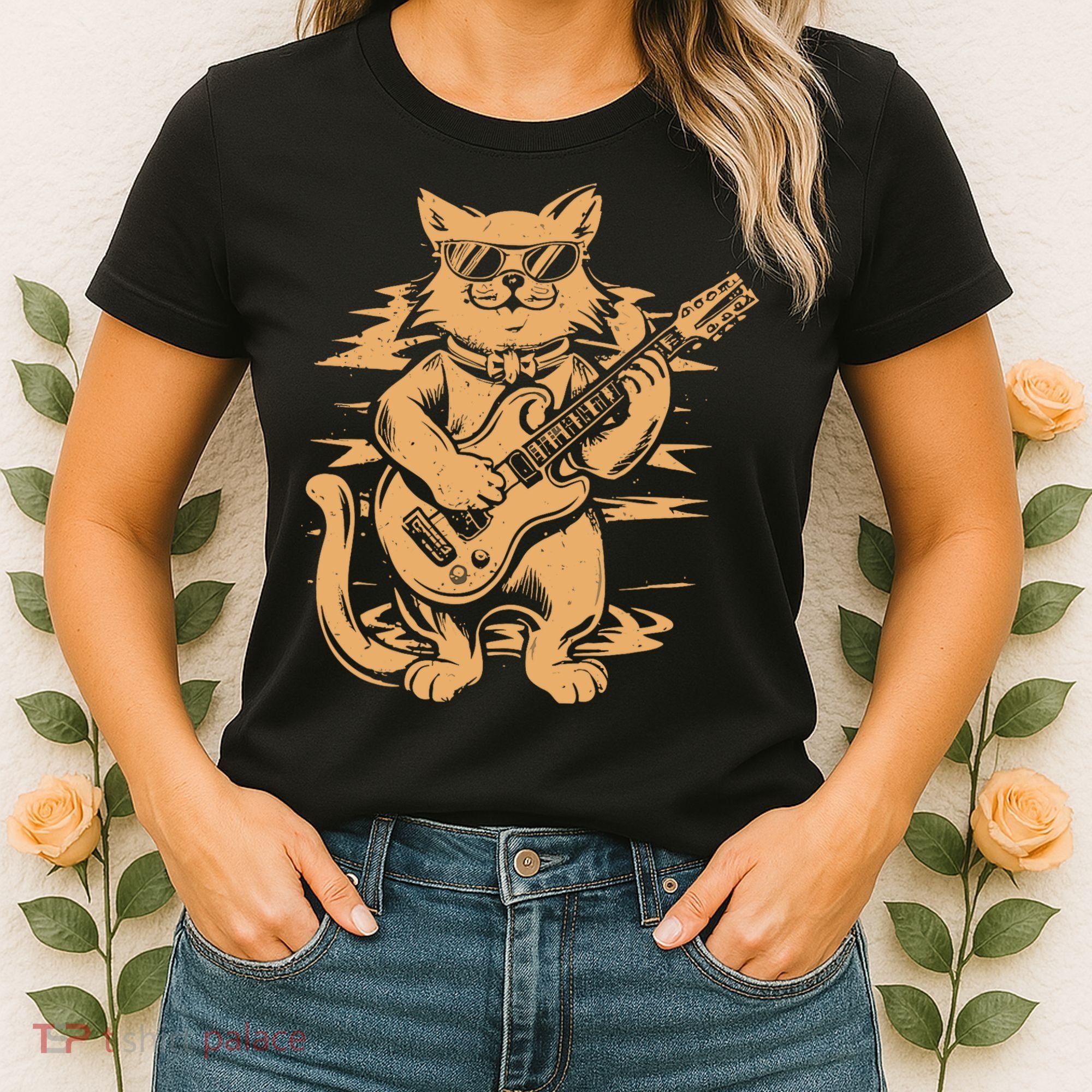 Rock Cat Playing Guitar Rock Kitty Funny Guitar Cat Women's T-Shirt