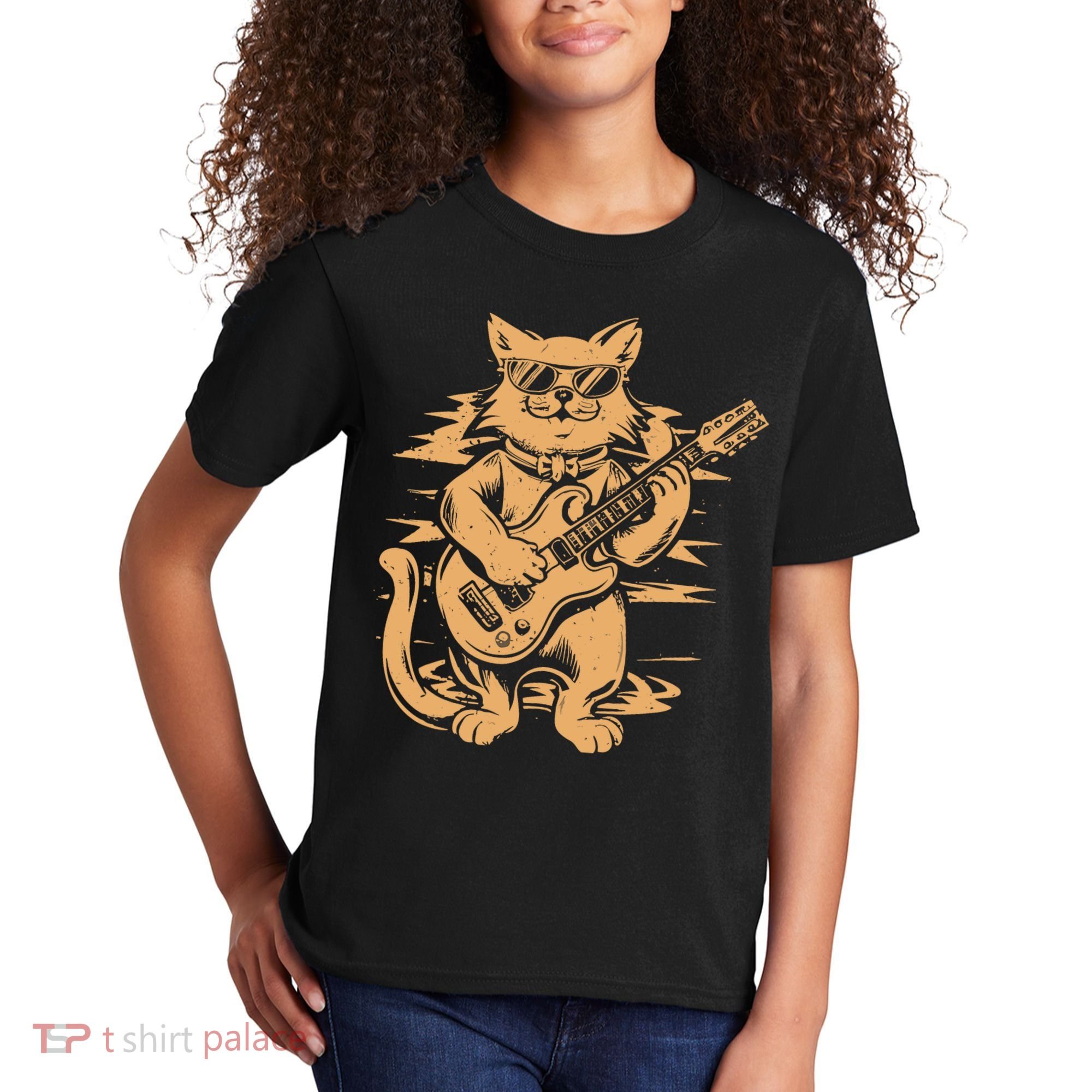 Rock Cat Playing Guitar Rock Kitty Funny Guitar Cat Kids T-Shirt