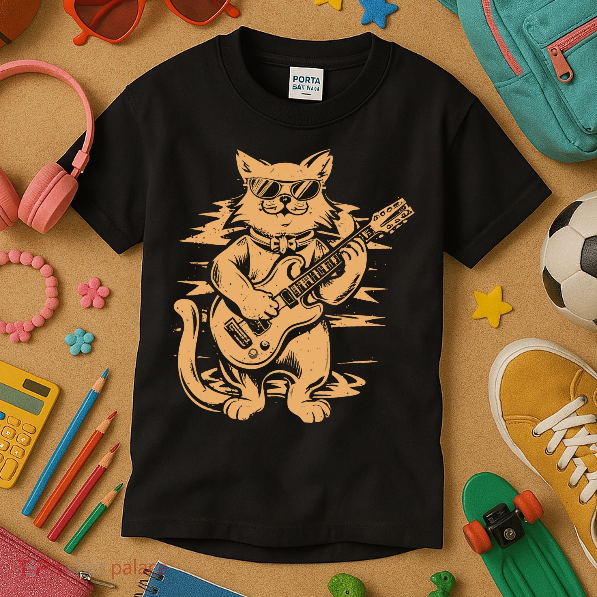 Rock Cat Playing Guitar Rock Kitty Funny Guitar Cat Kids T-Shirt
