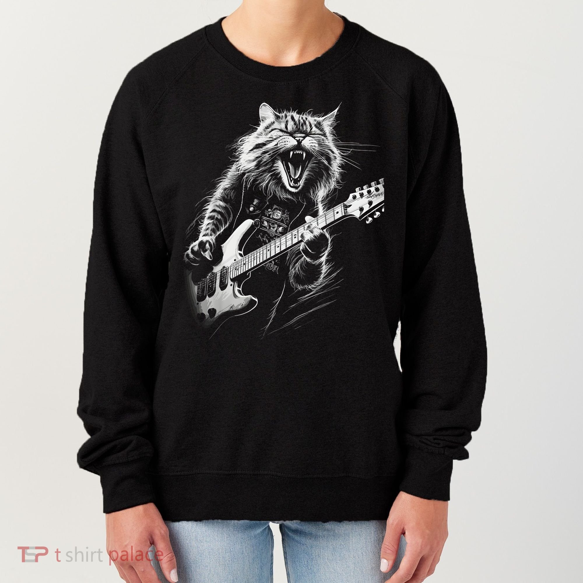 Rock Cat Playing Guitar Funny Guitar Cat Women's Sweatshirt