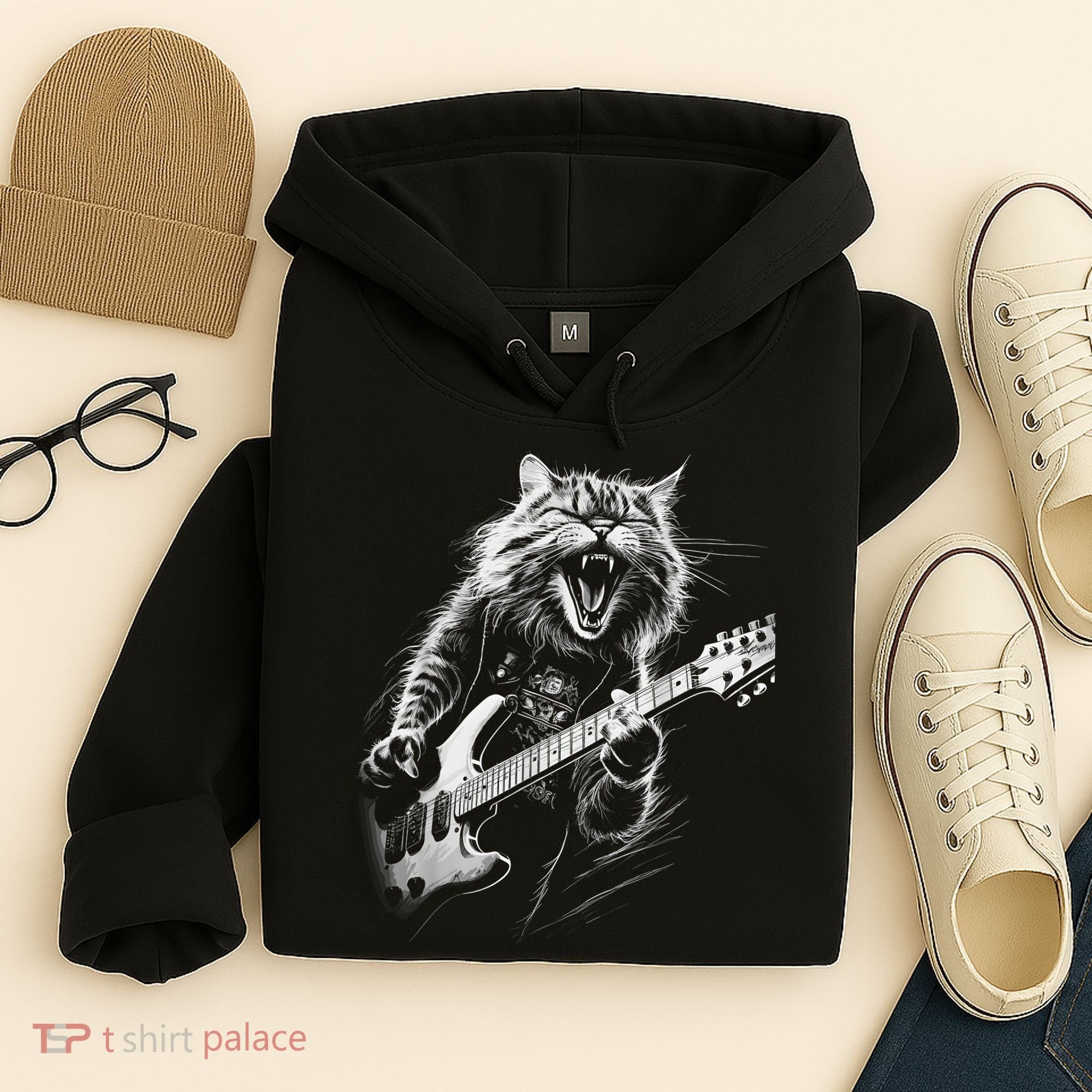 Rock Cat Playing Guitar Funny Guitar Cat Hoodie