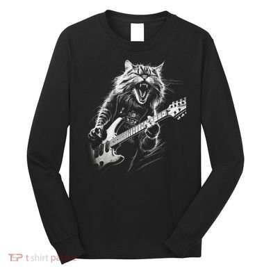 Rock Cat Playing Guitar Funny Guitar Cat Long Sleeve Shirt