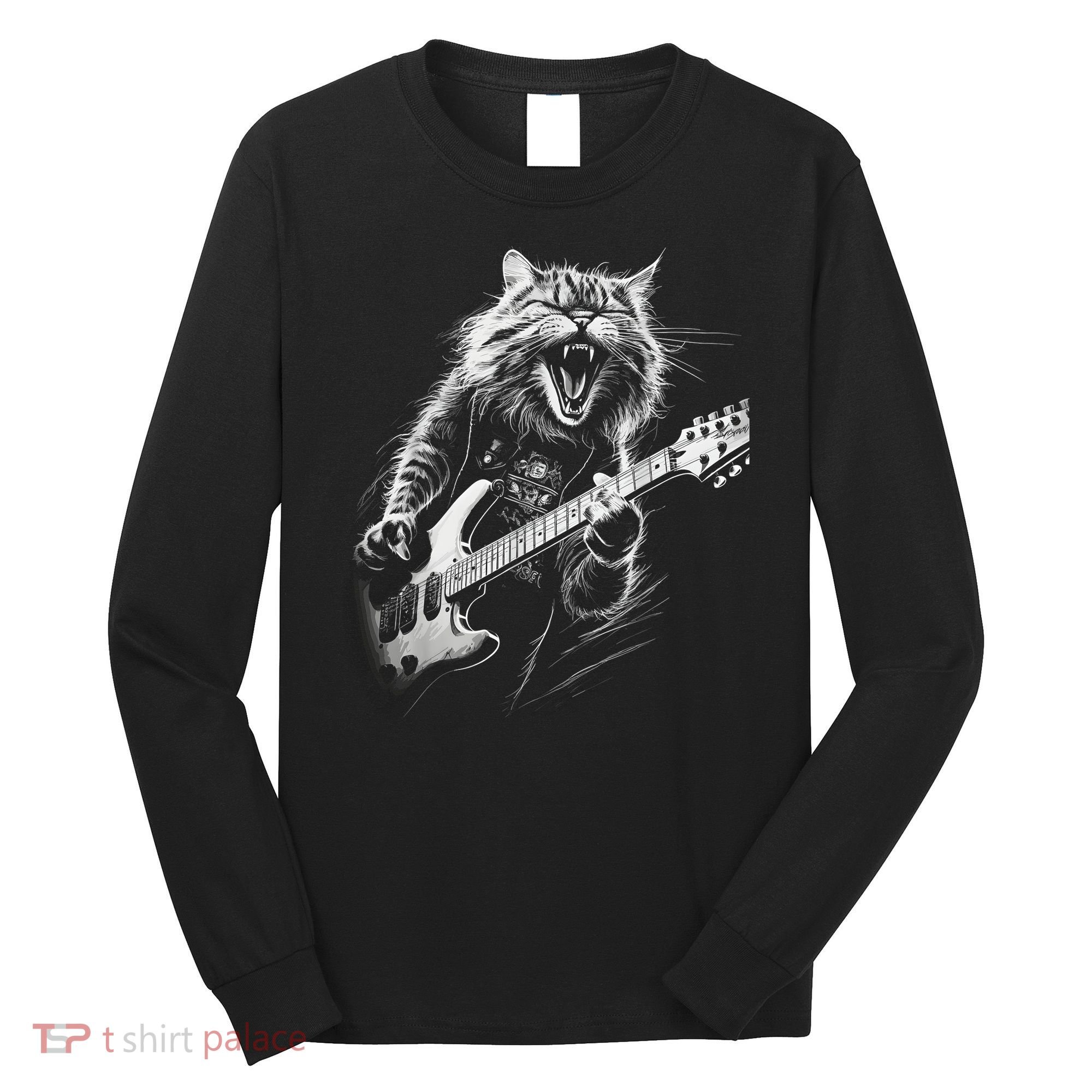 Rock Cat Playing Guitar Funny Guitar Cat Long Sleeve Shirt