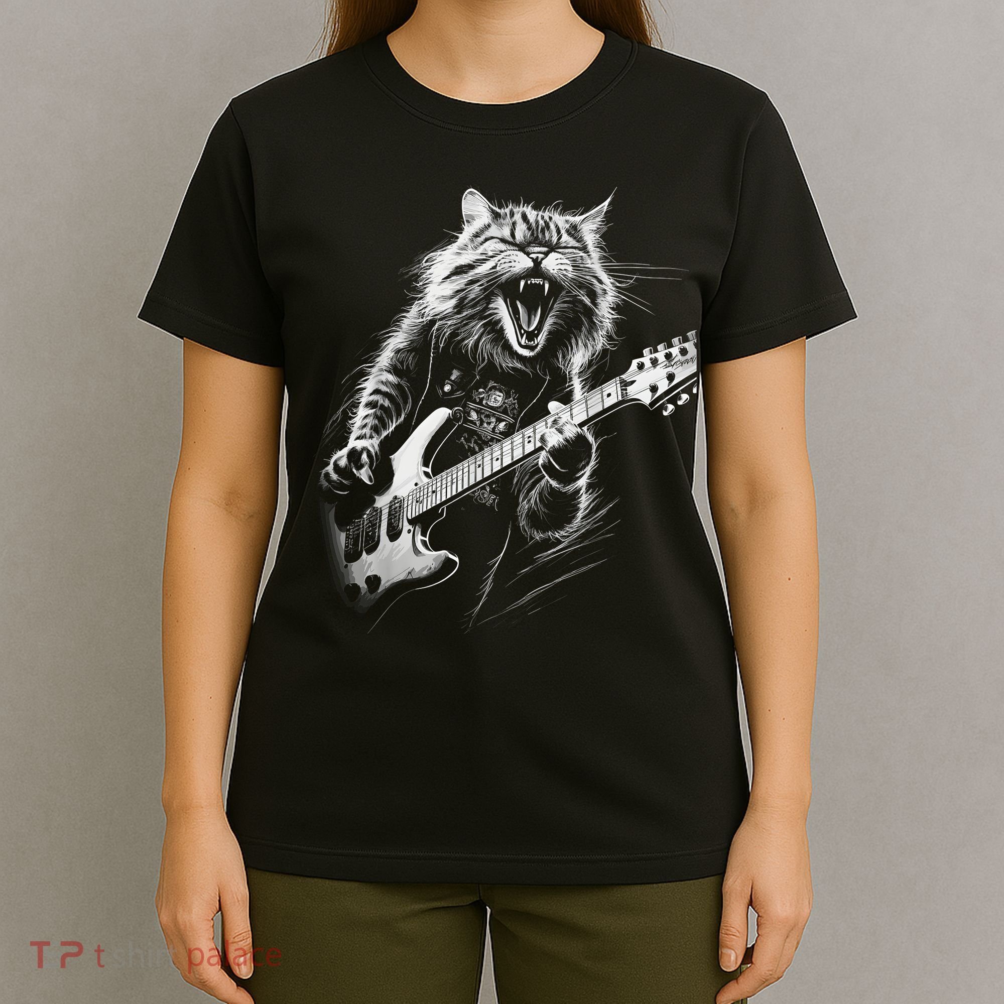 Rock Cat Playing Guitar Funny Guitar Cat T-Shirt