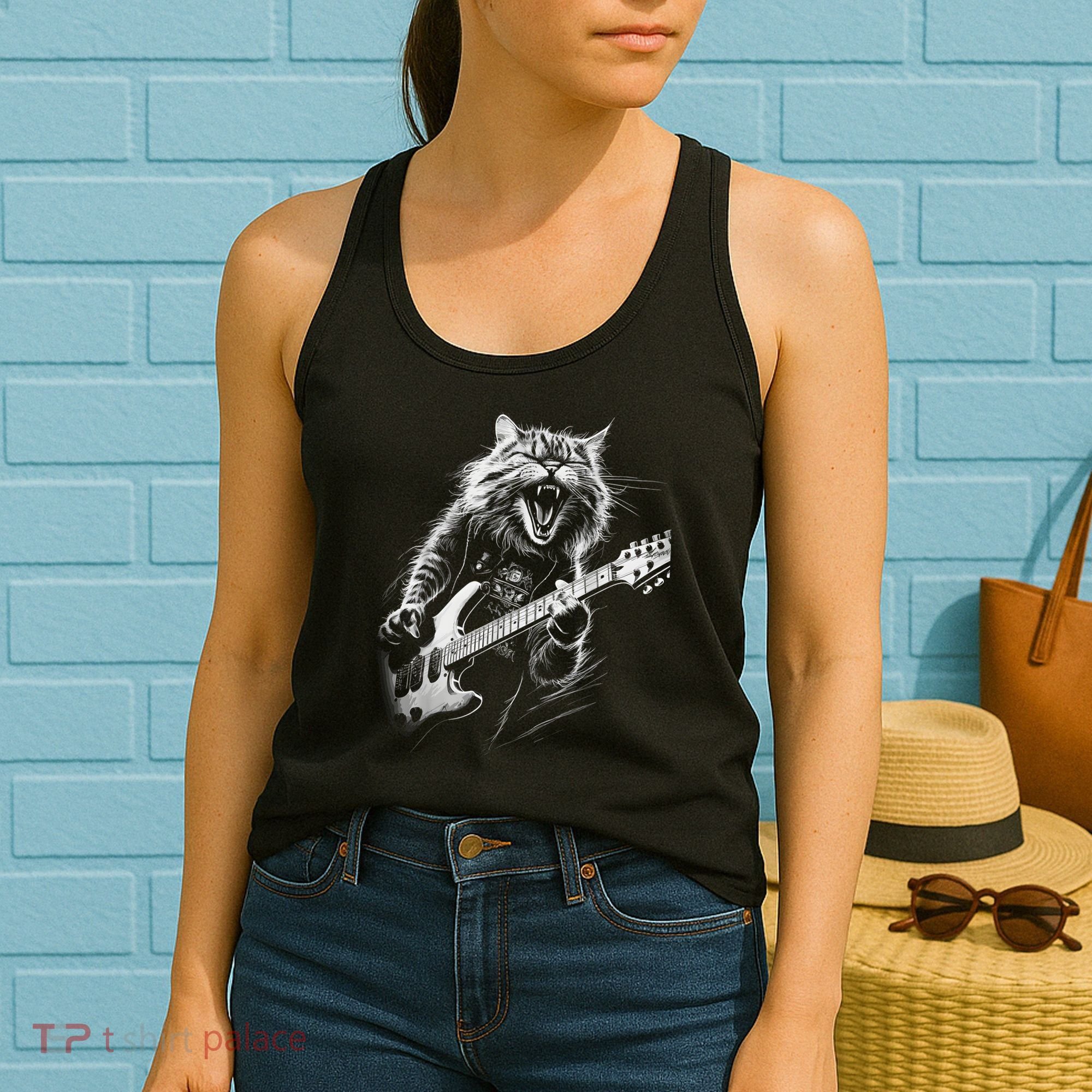 Rock Cat Playing Guitar Funny Guitar Cat Women's Tank Top