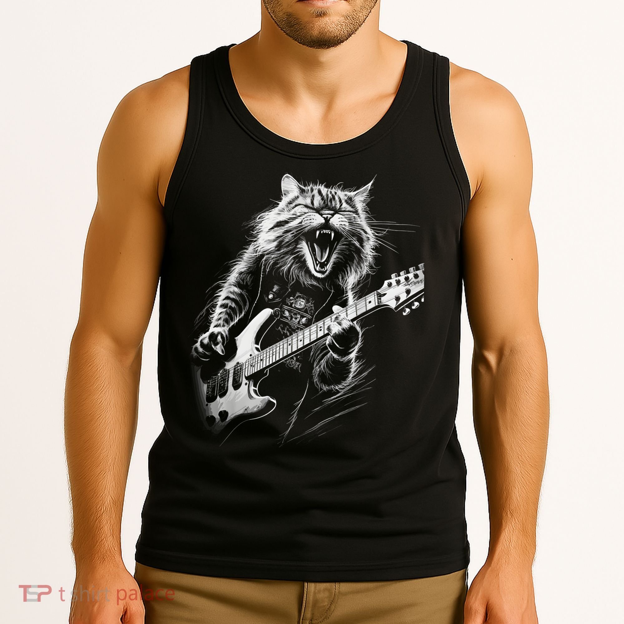 Rock Cat Playing Guitar Funny Guitar Cat Tank Top