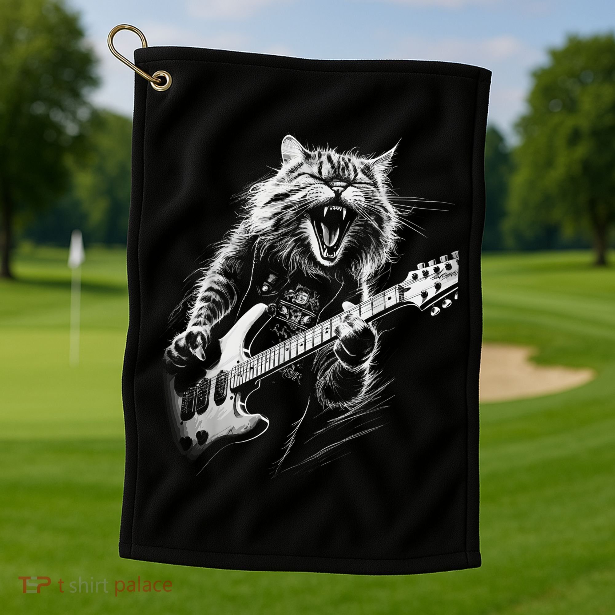 Rock Cat Playing Guitar Funny Guitar Cat Golf Towel