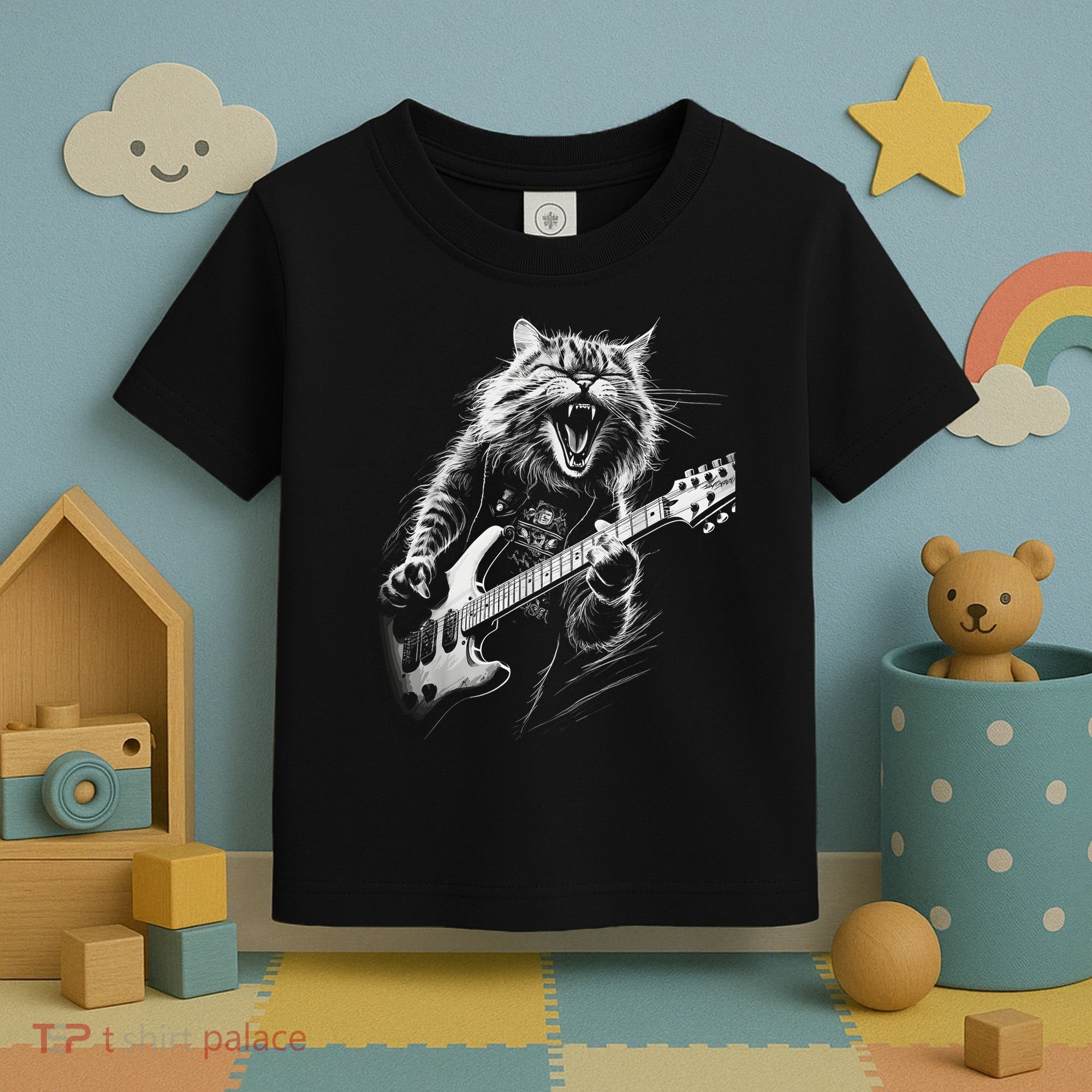 Rock Cat Playing Guitar Funny Guitar Cat Toddler T-Shirt