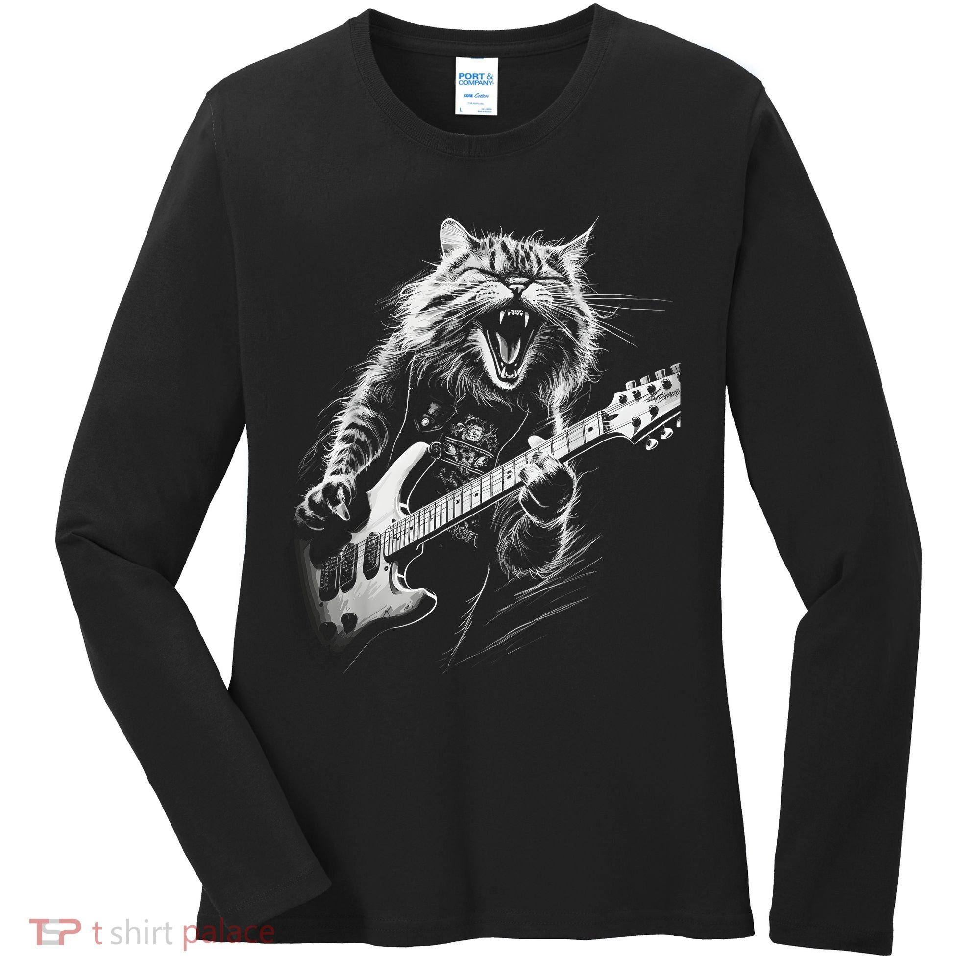 Rock Cat Playing Guitar Funny Guitar Cat Women's Long Sleeve Shirt