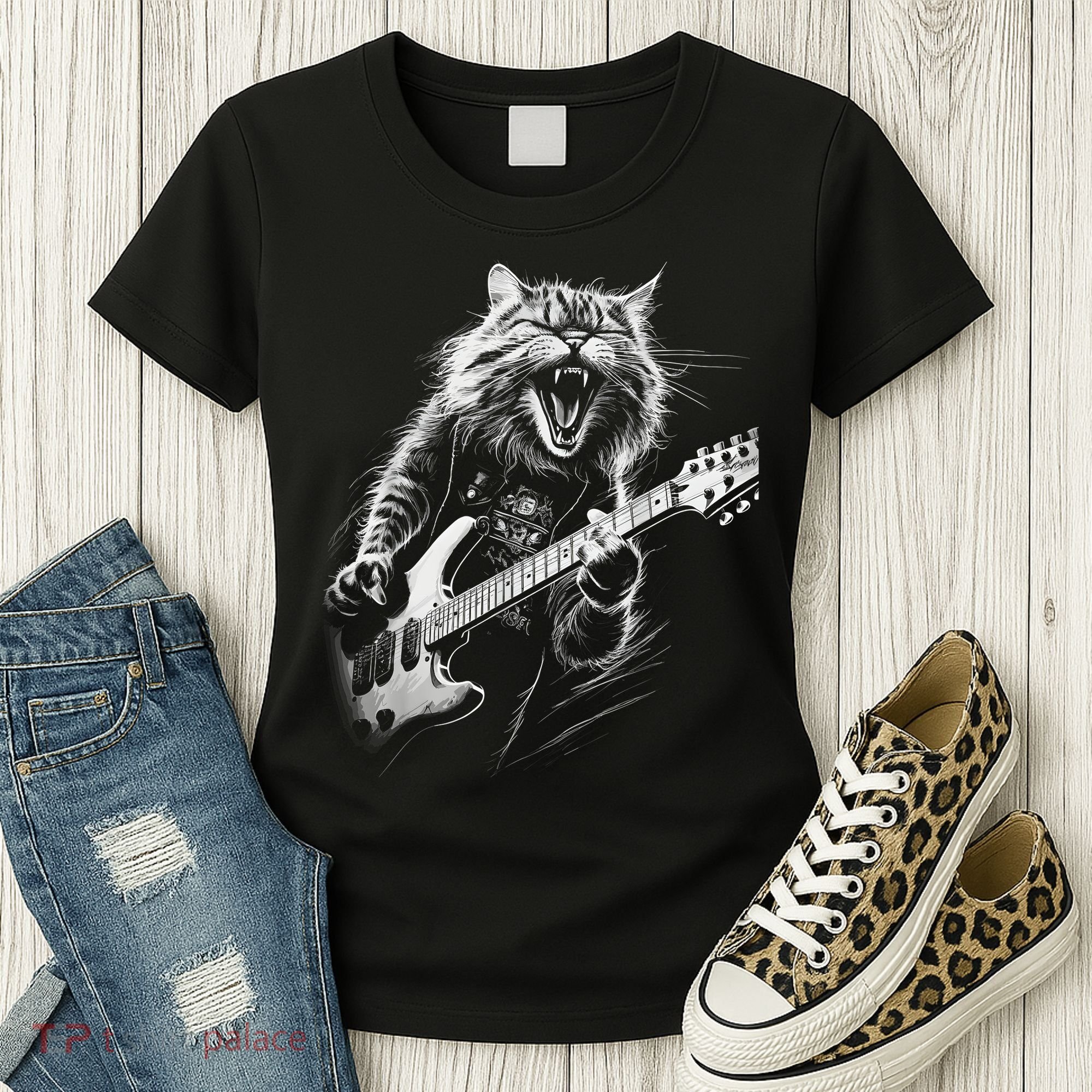 Rock Cat Playing Guitar Funny Guitar Cat Women's T-Shirt
