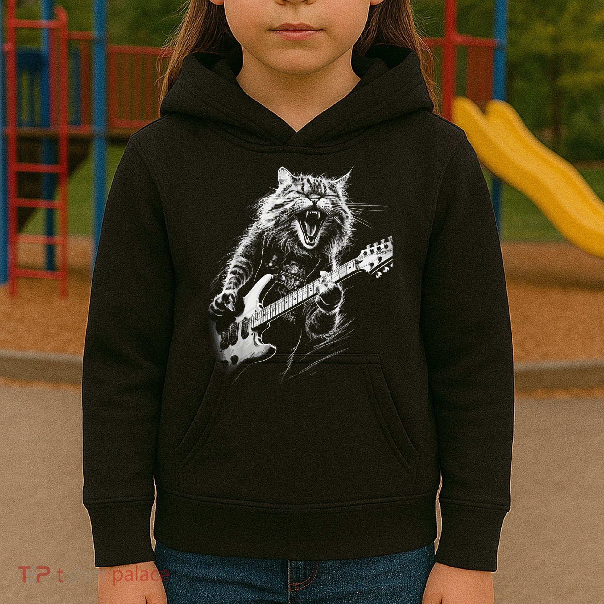 Rock Cat Playing Guitar Funny Guitar Cat Kids Hoodie