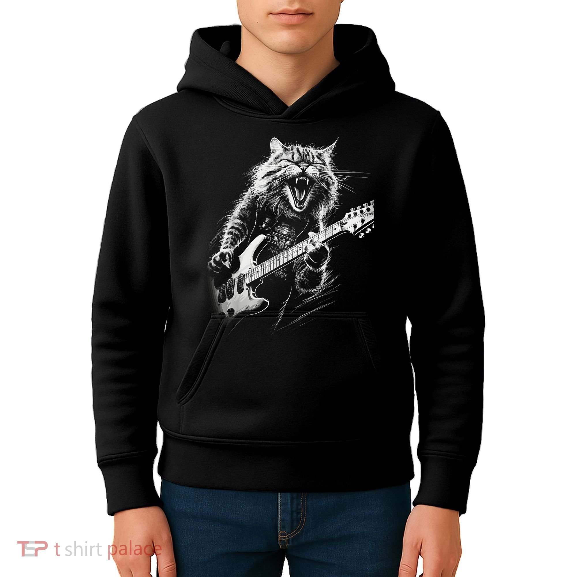 Rock Cat Playing Guitar Funny Guitar Cat Kids Hoodie