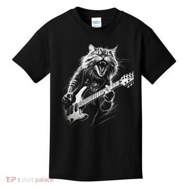 Rock Cat Playing Guitar Funny Guitar Cat Kids T-Shirt