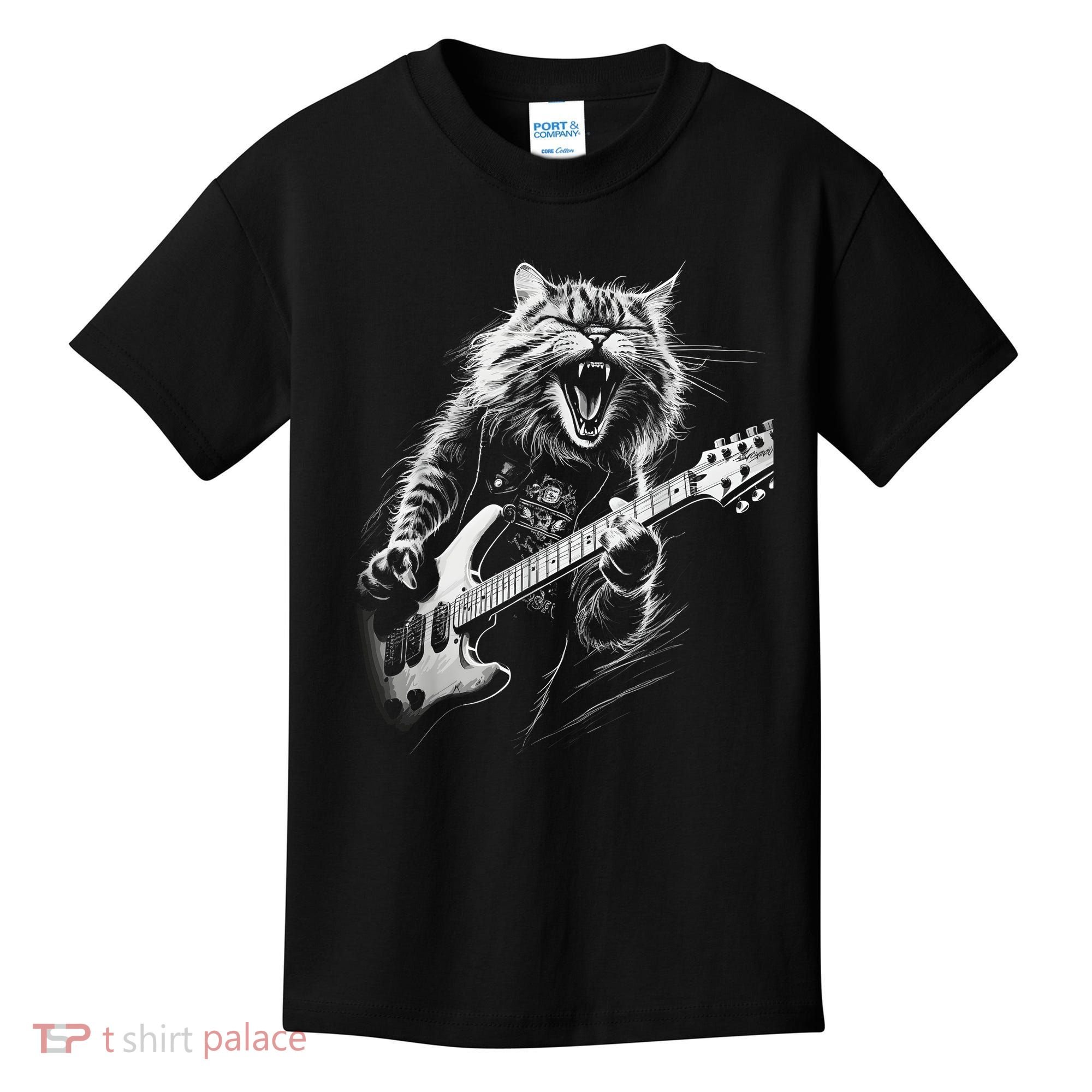 Rock Cat Playing Guitar Funny Guitar Cat Kids T-Shirt