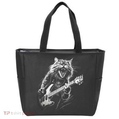 Rock Cat Playing Guitar Funny Guitar Cat Tote Bag