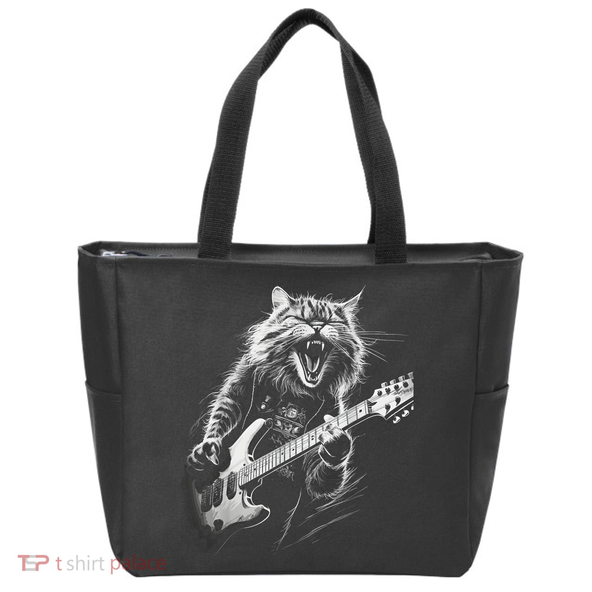 Rock Cat Playing Guitar Funny Guitar Cat Tote Bag