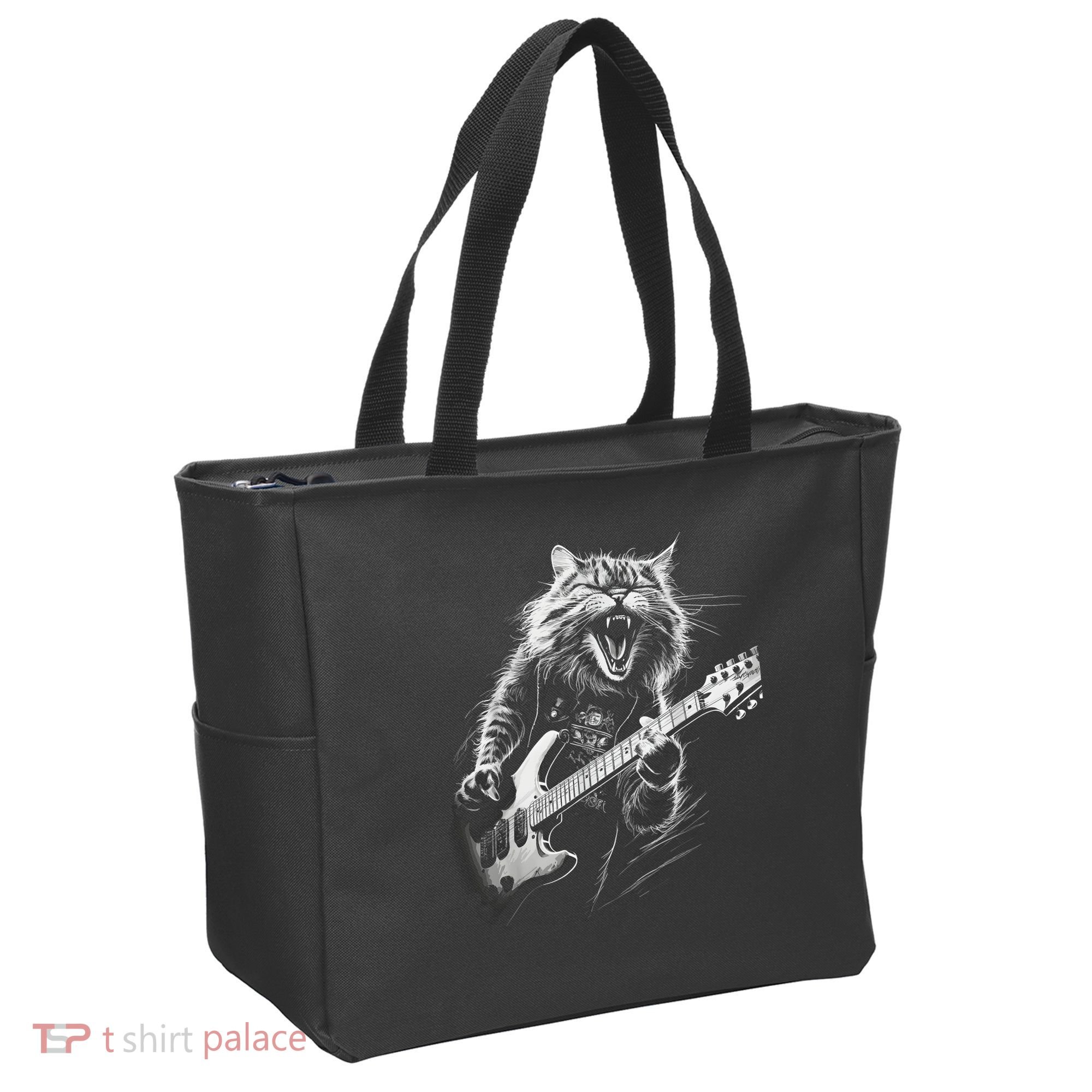 Rock Cat Playing Guitar Funny Guitar Cat Tote Bag