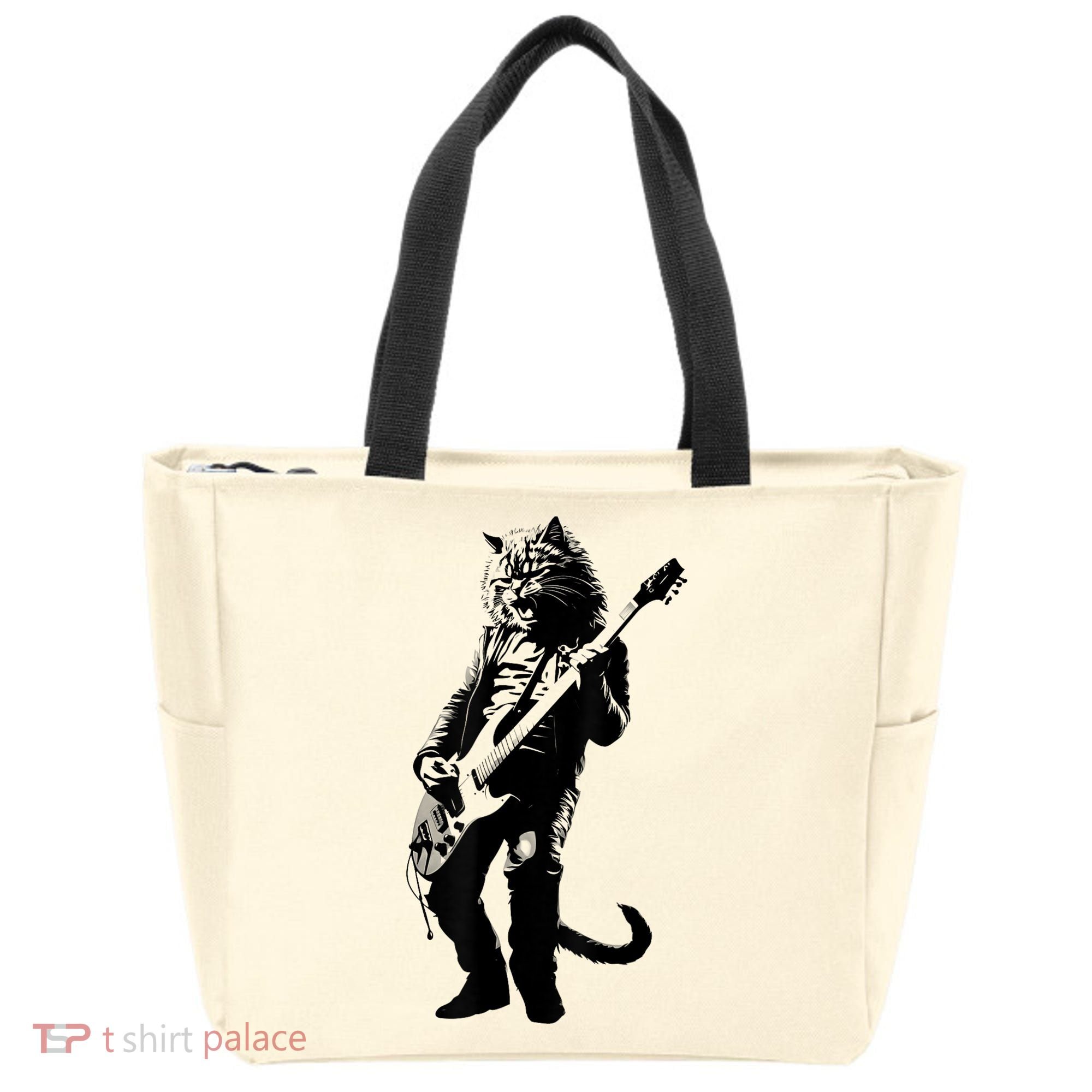 Rock Cat Playing Guitar Funny Guitar Cat Tote Bag