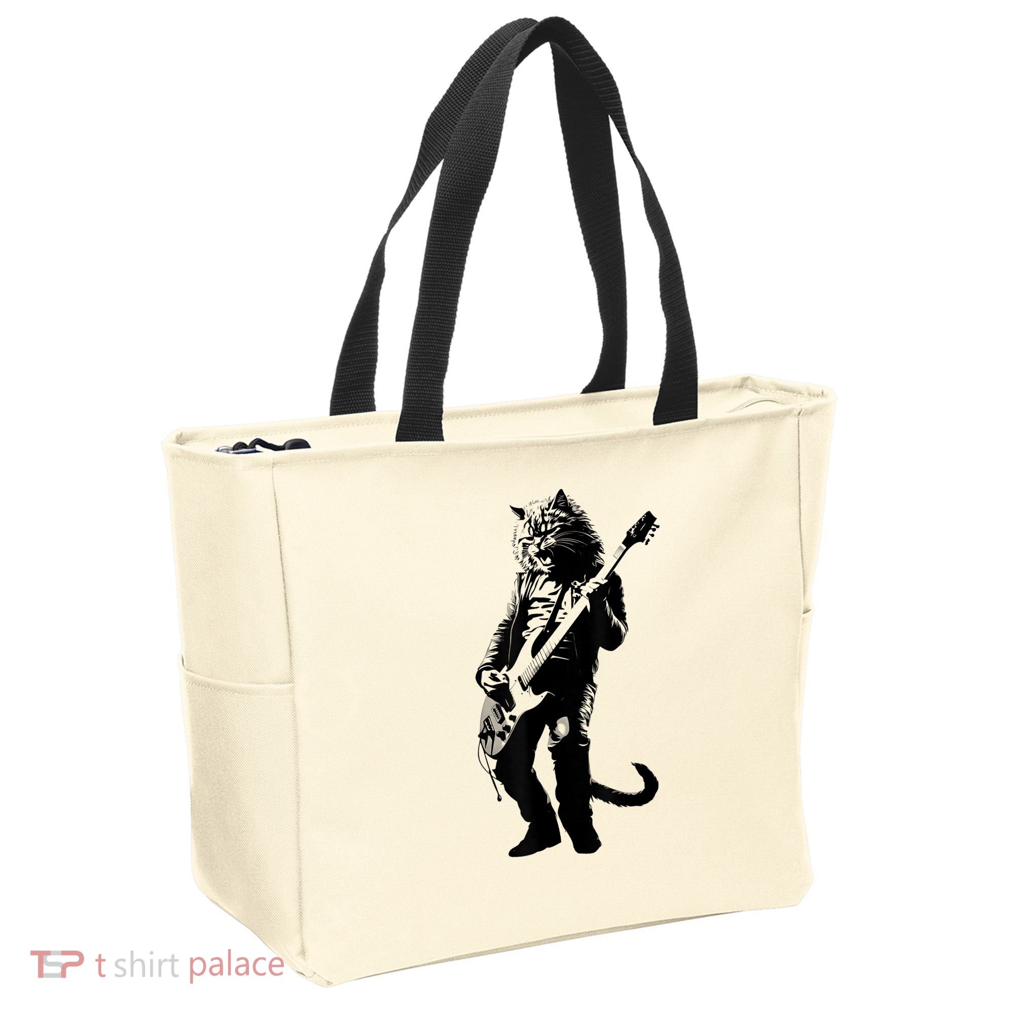 Rock Cat Playing Guitar Funny Guitar Cat Tote Bag