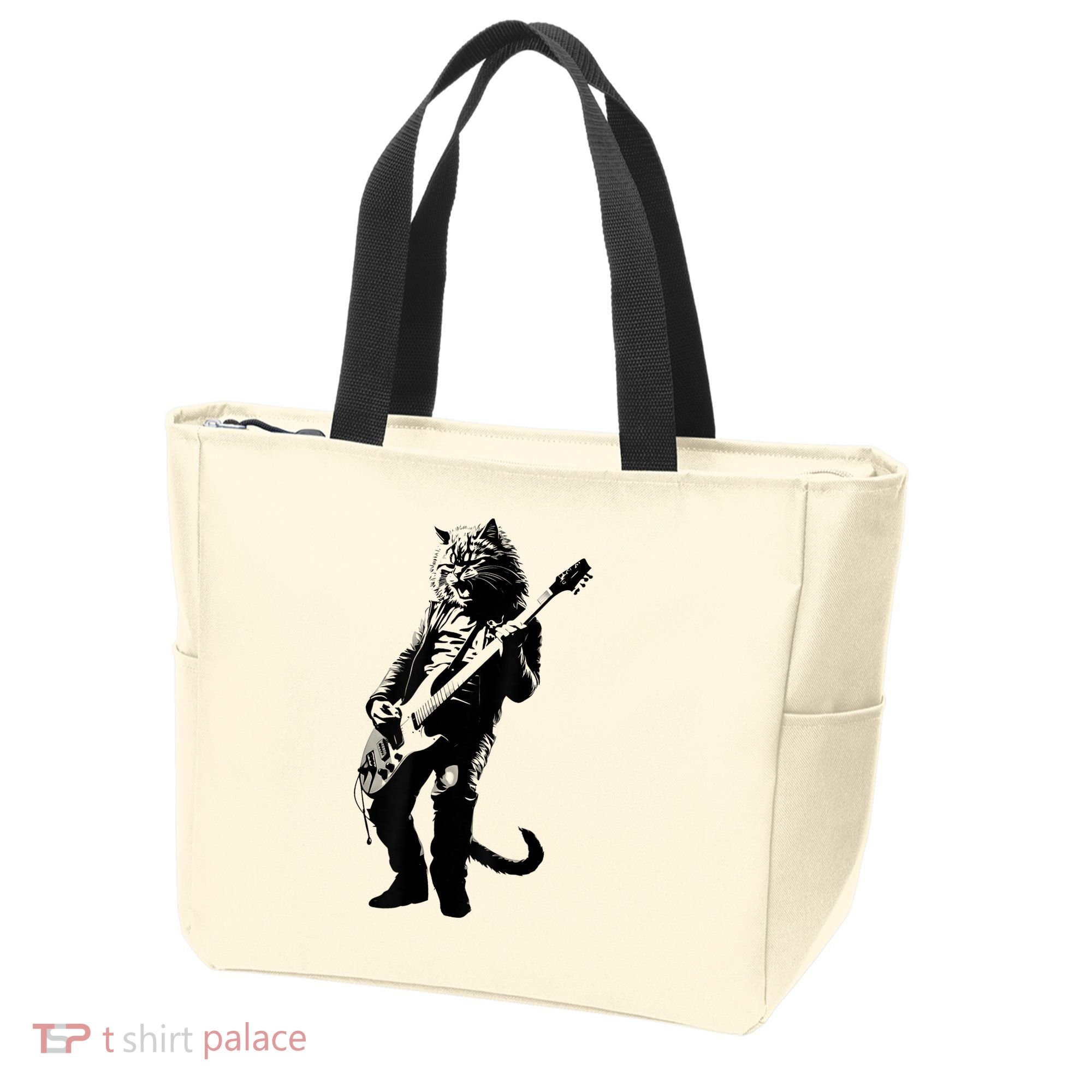 Rock Cat Playing Guitar Funny Guitar Cat Tote Bag