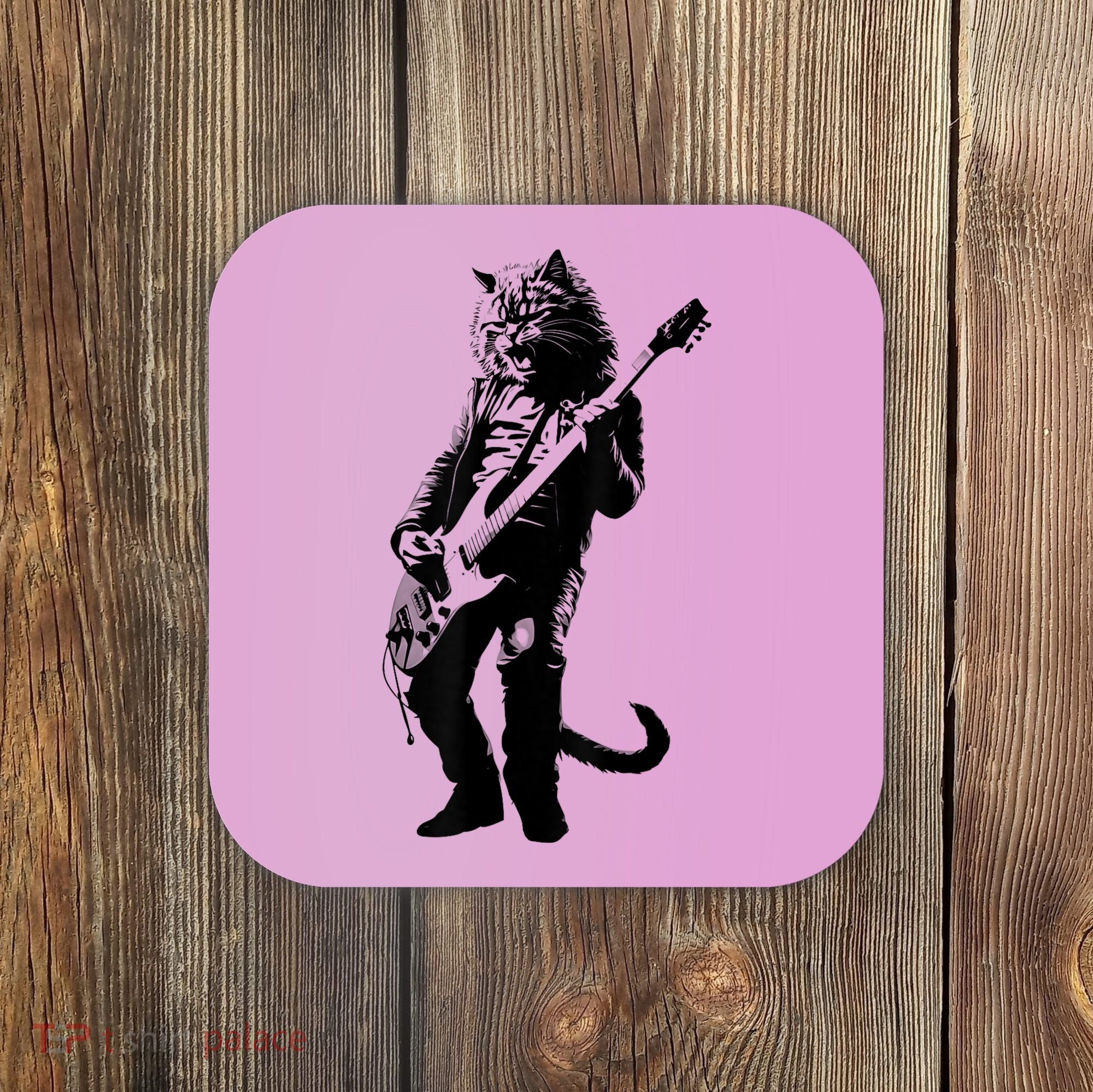 Rock Cat Playing Guitar Funny Guitar Cat Coaster