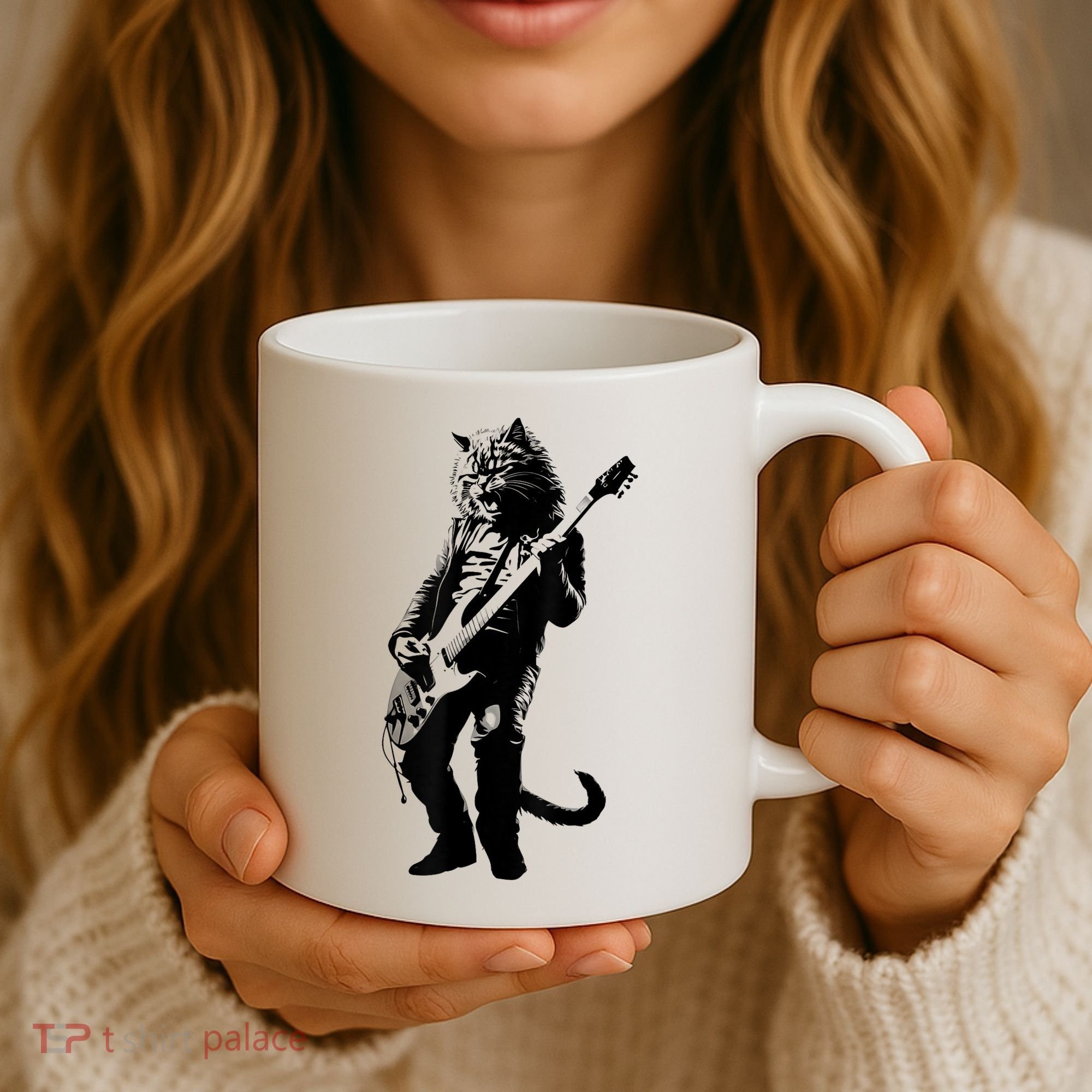 Rock Cat Playing Guitar Funny Guitar Cat Coffee Mug