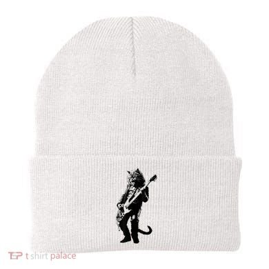 Rock Cat Playing Guitar Funny Guitar Cat Beanie